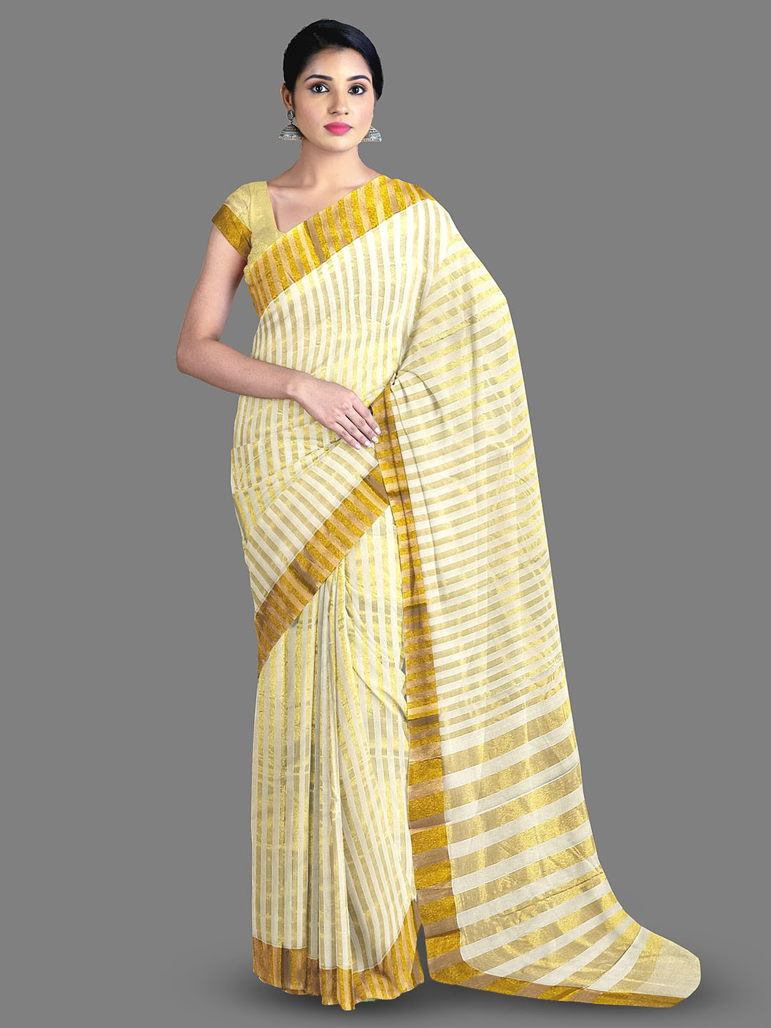 

The Chennai Silks Striped Woven Design Zari Pure Cotton Kasavu Saree, Off white