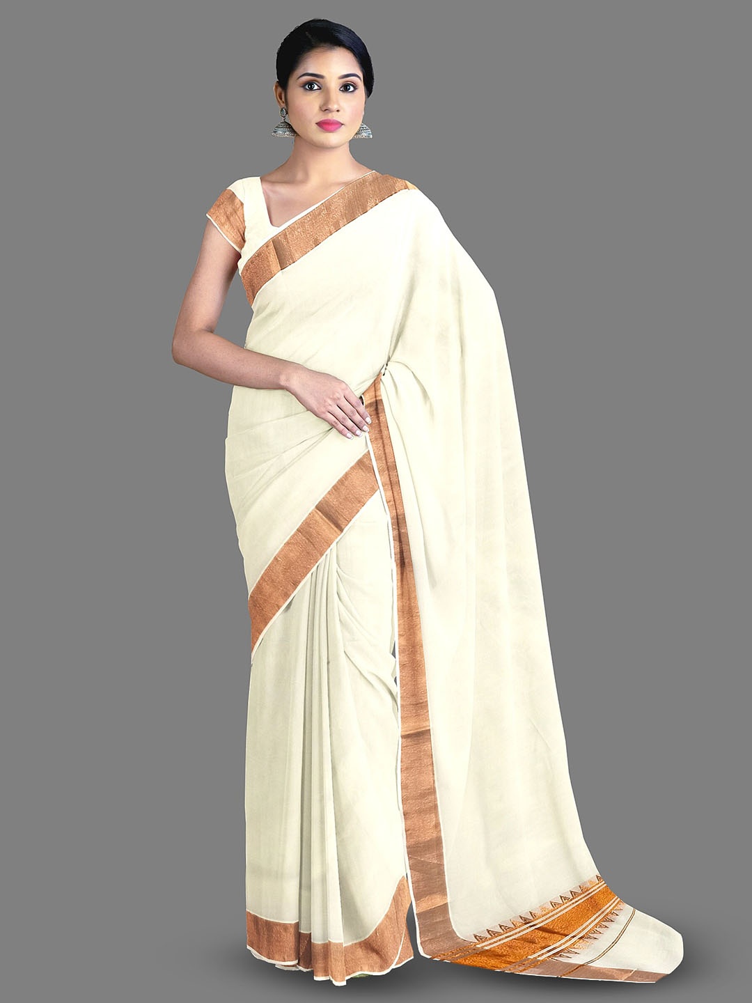 

The Chennai Silks Zari Pure Cotton Kasavu Saree, Off white