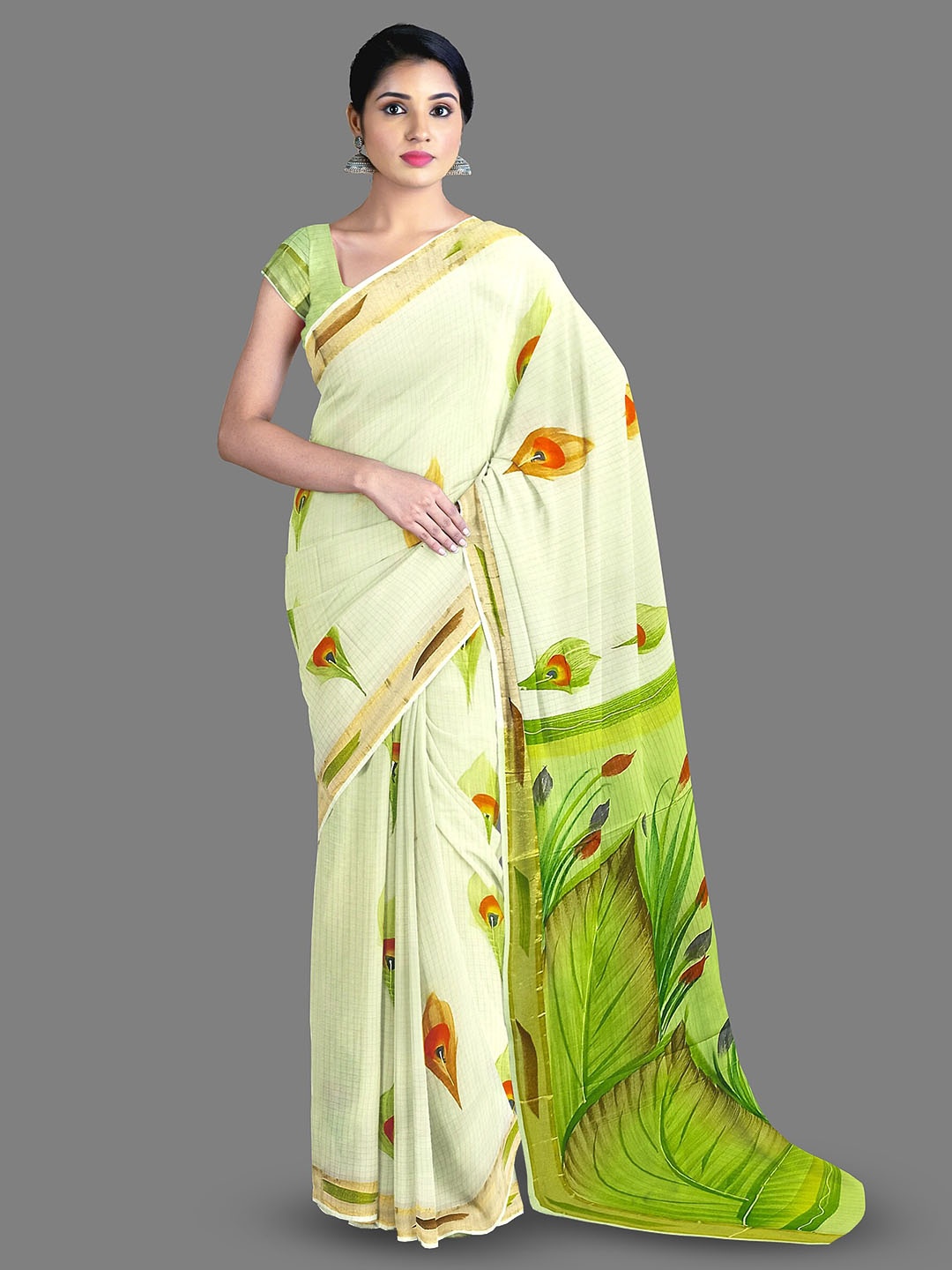 

The Chennai Silks Ethnic Motifs Printed Zari Pure Cotton Kasavu Saree, Off white