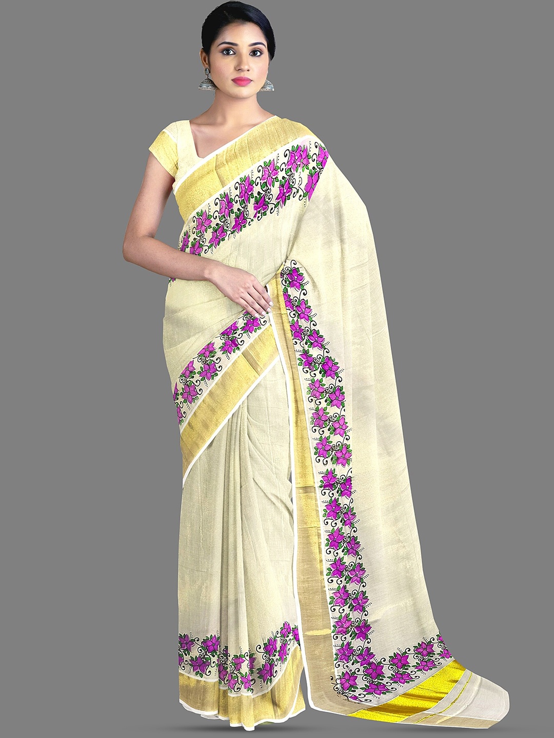 

The Chennai Silks Floral Zari Pure Cotton Kasavu Saree, Off white