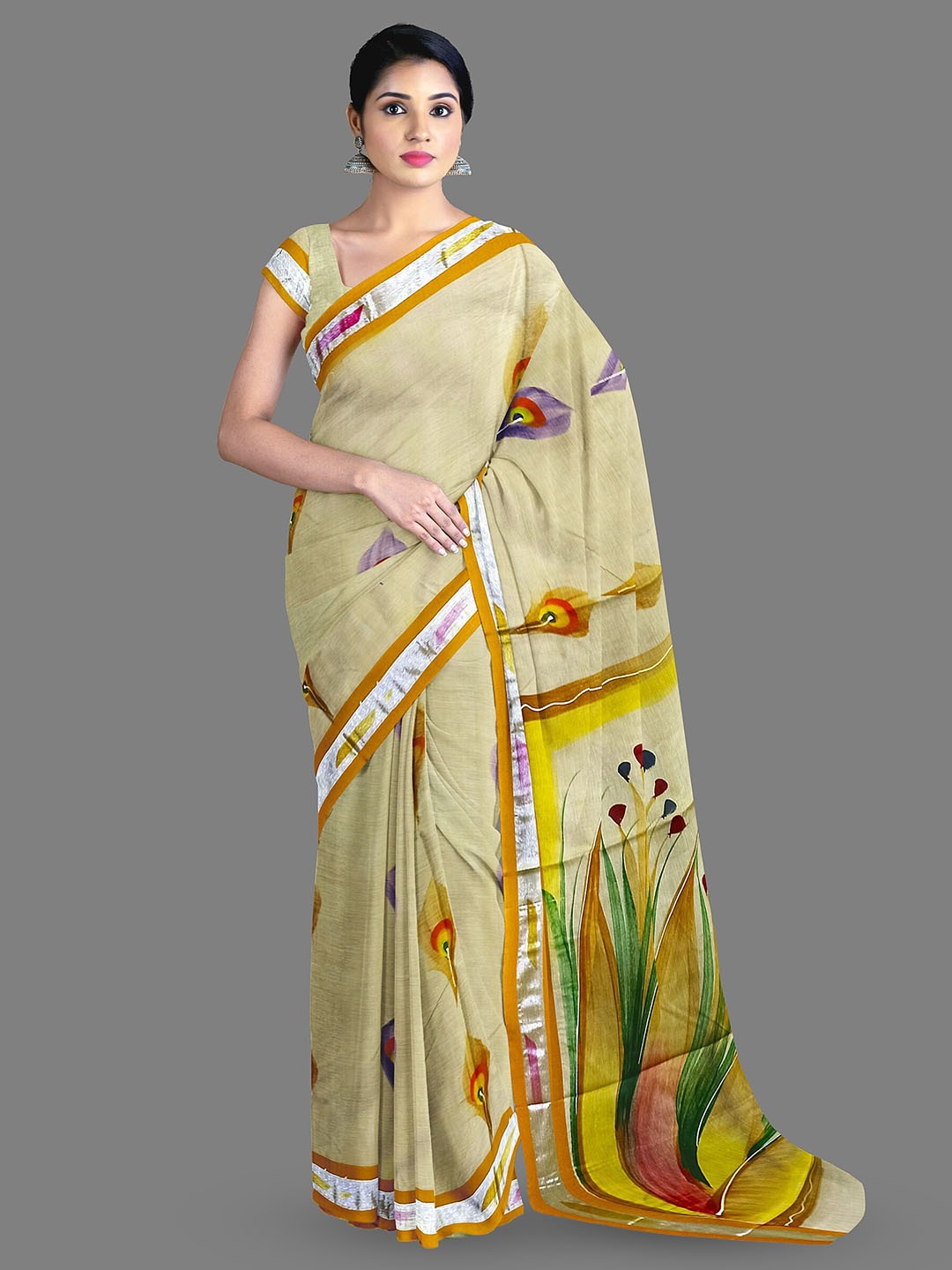 

The Chennai Silks Ethnic Motifs Printed Zari Pure Cotton Kasavu Saree, Green