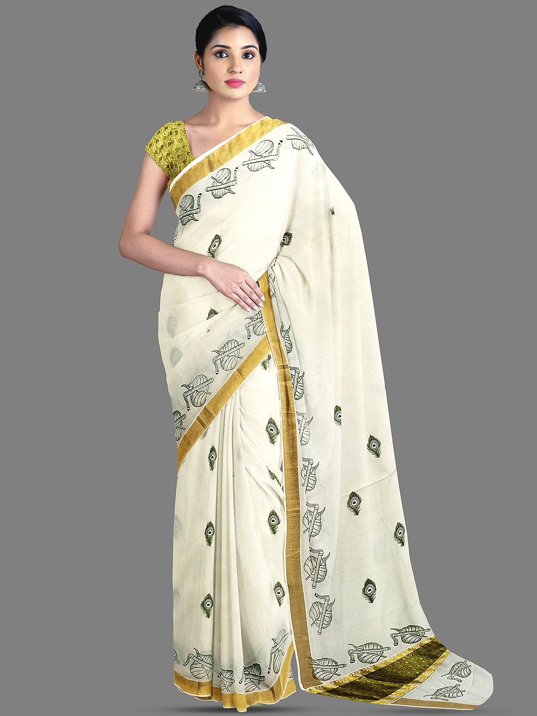 

The Chennai Silks Ethnic Motifs Printed Zari Pure Cotton Kasavu Saree, Off white