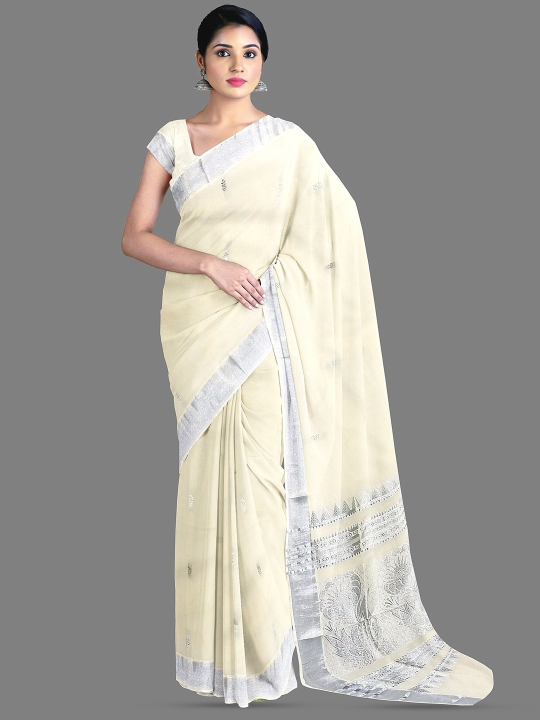 

The Chennai Silks Woven Design Zari Pure Cotton Kasavu Saree, Off white