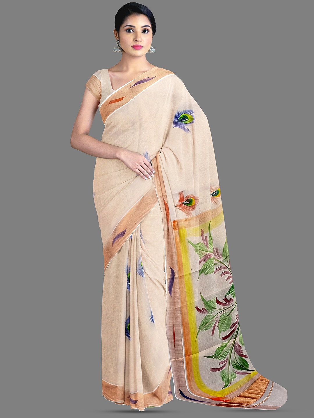 

The Chennai Silks Abstract Printed Zari Pure Cotton Kasavu Saree, Off white
