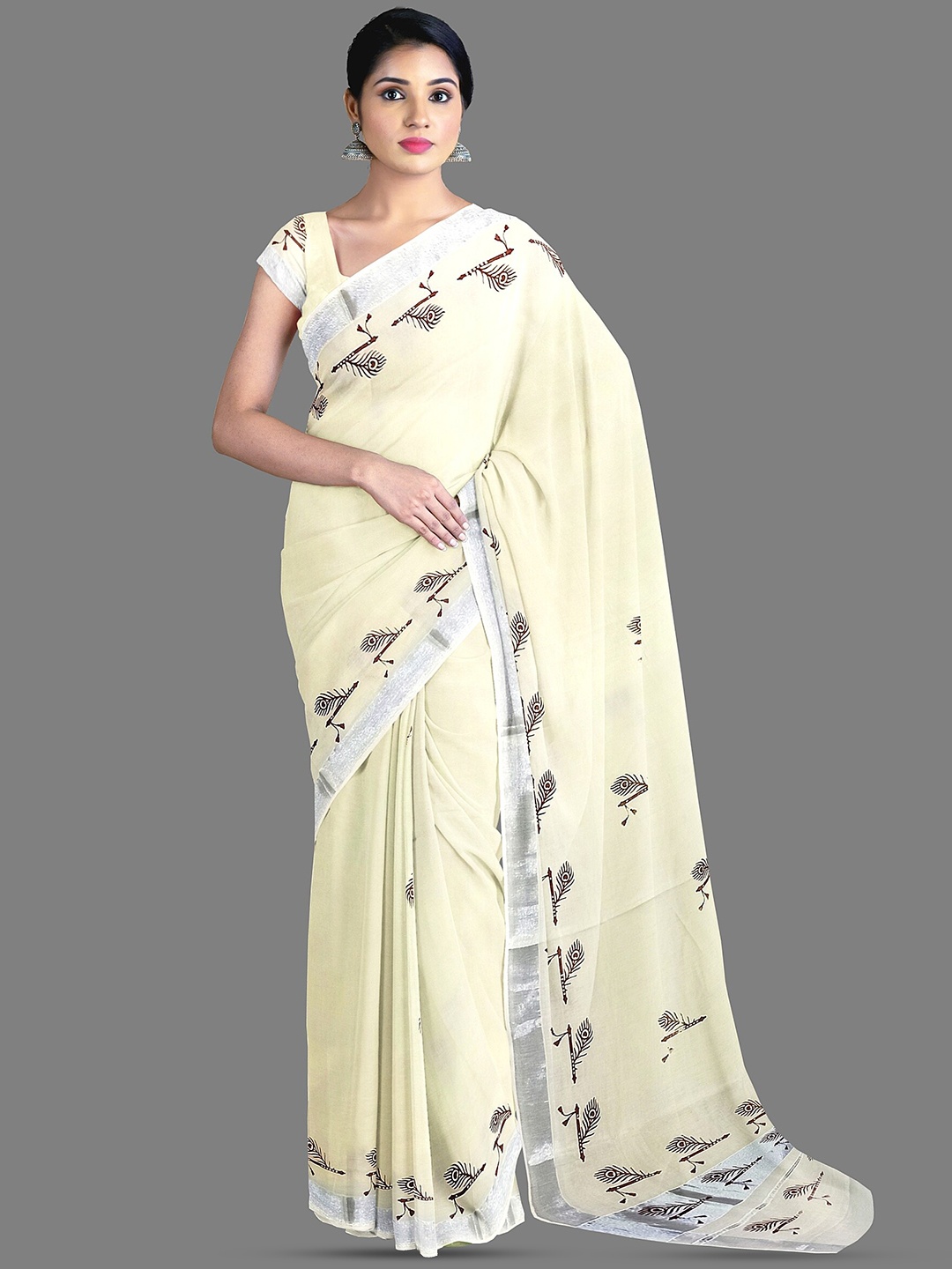 

The Chennai Silks Ethnic Motifs Printed Zari Pure Cotton Kasavu Saree, Off white