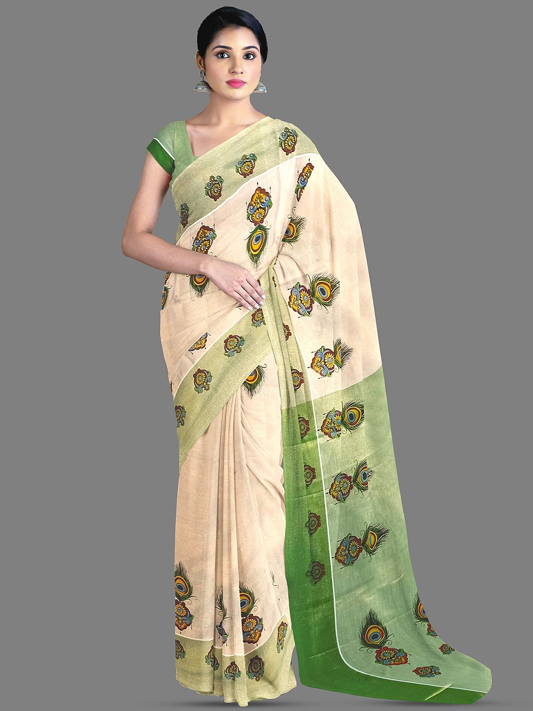 

The Chennai Silks Ethnic Motifs Printed Pure Cotton Kasavu Saree, Off white