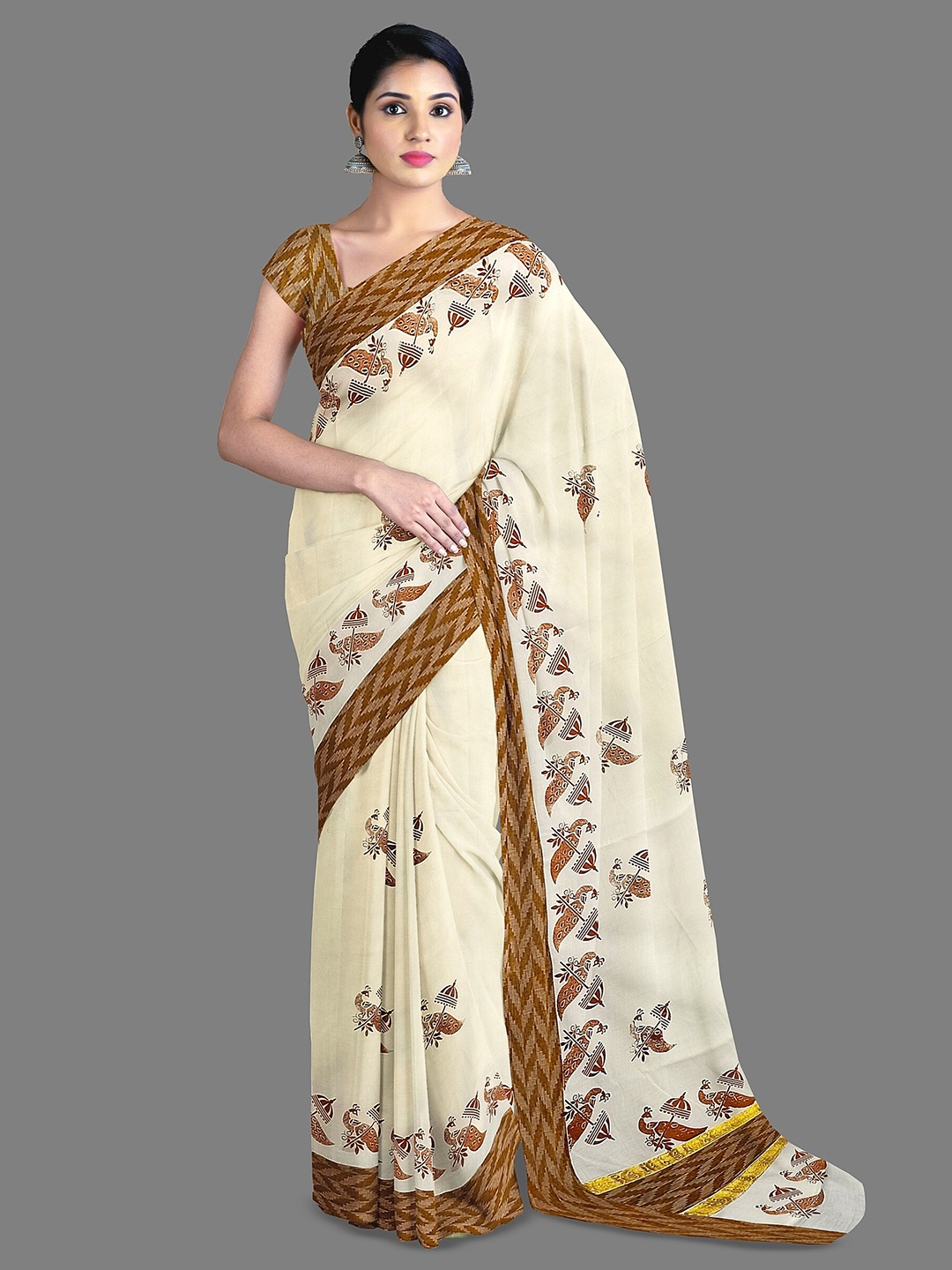 

The Chennai Silks Ethnic Motifs Printed Zari Pure Cotton Kasavu Saree, Off white