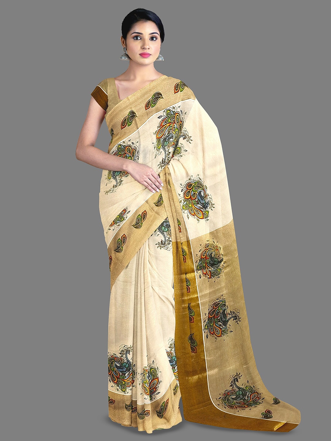 

The Chennai Silks Ethnic Motifs Zari Pure Cotton Kasavu Saree, Off white