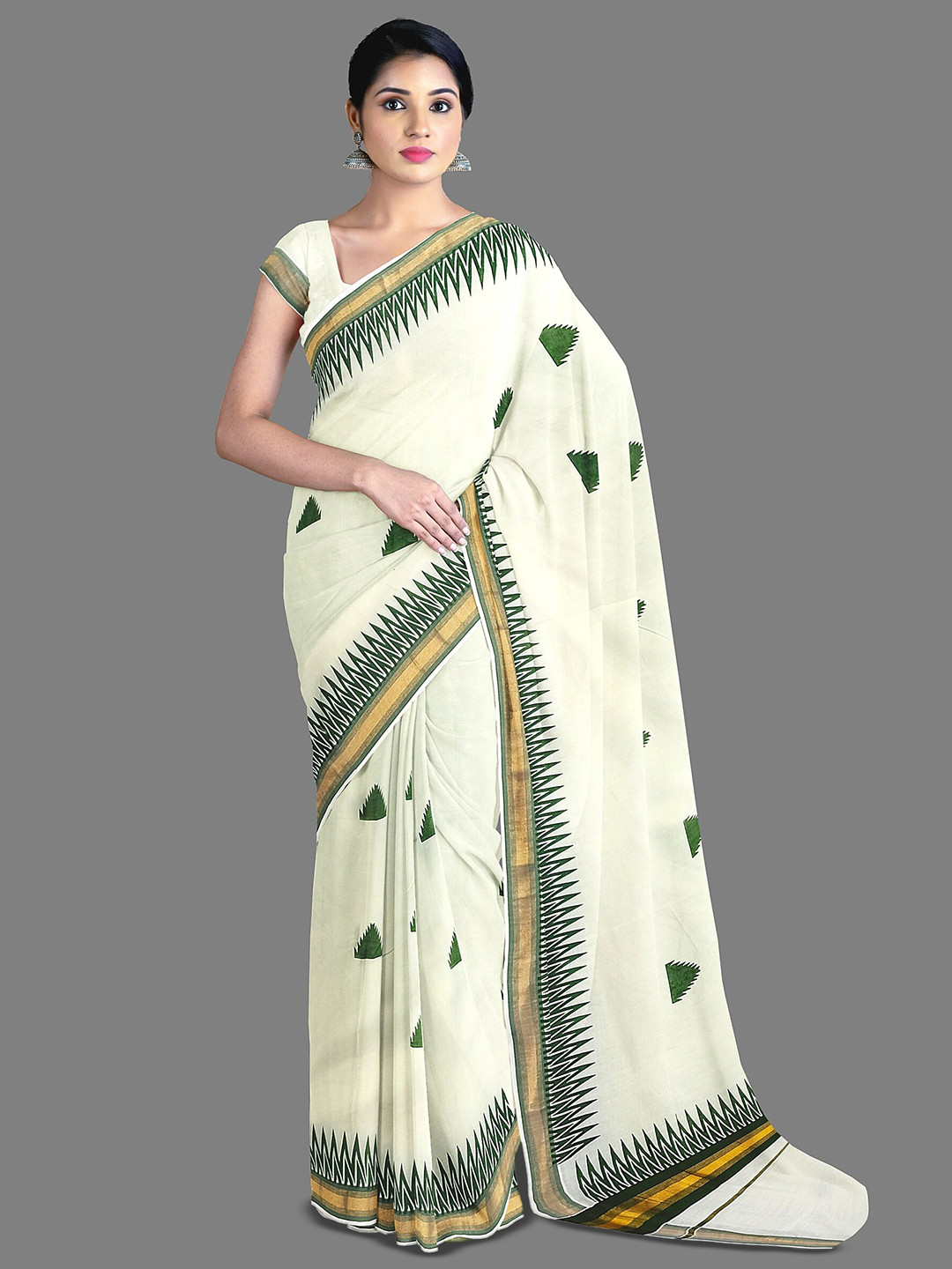 

The Chennai Silks Geometric Printed Zari Pure Cotton Kasavu Saree, Off white
