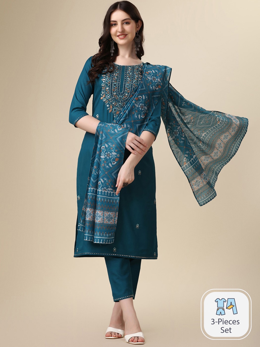 

KALINI Floral Embroidered Thread Work Kurta & Trousers With Dupatta, Teal