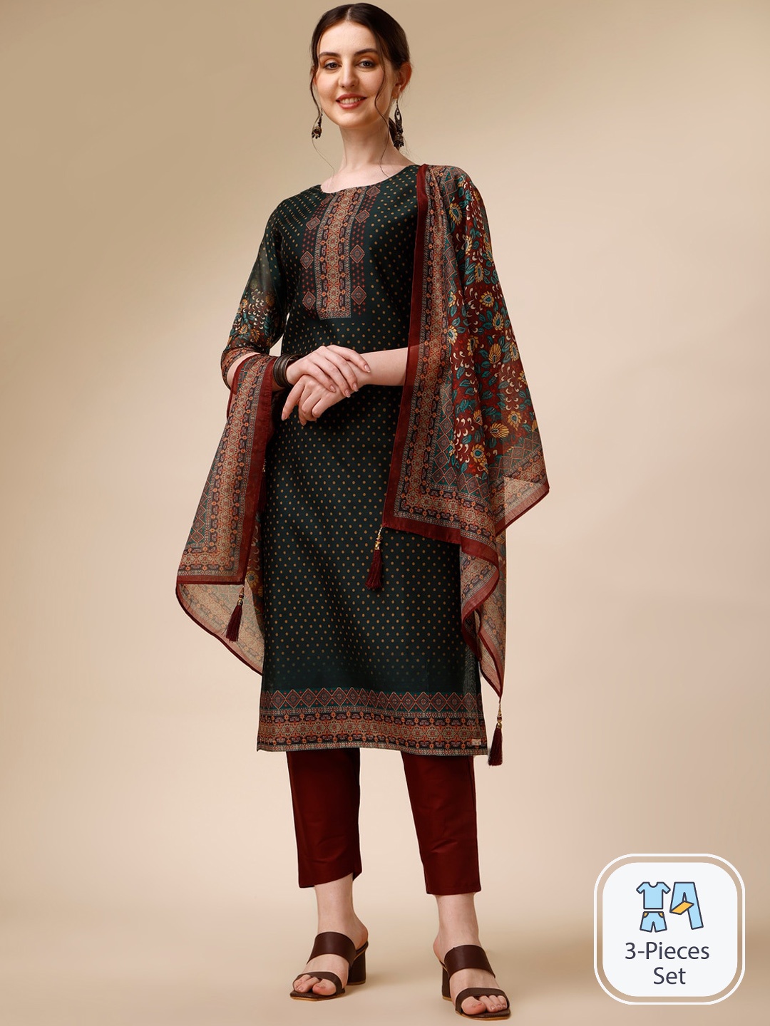 

KALINI Floral Printed Kurta & Trousers With Dupatta, Green