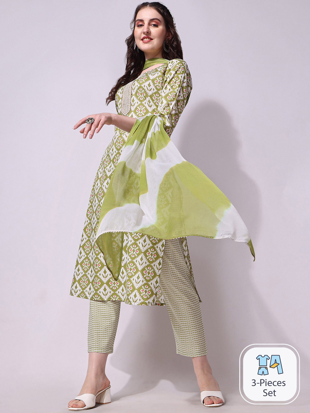 

KALINI Ethnic Motifs Printed Gotta Patti Kurta With Trousers & Dupatta, Green