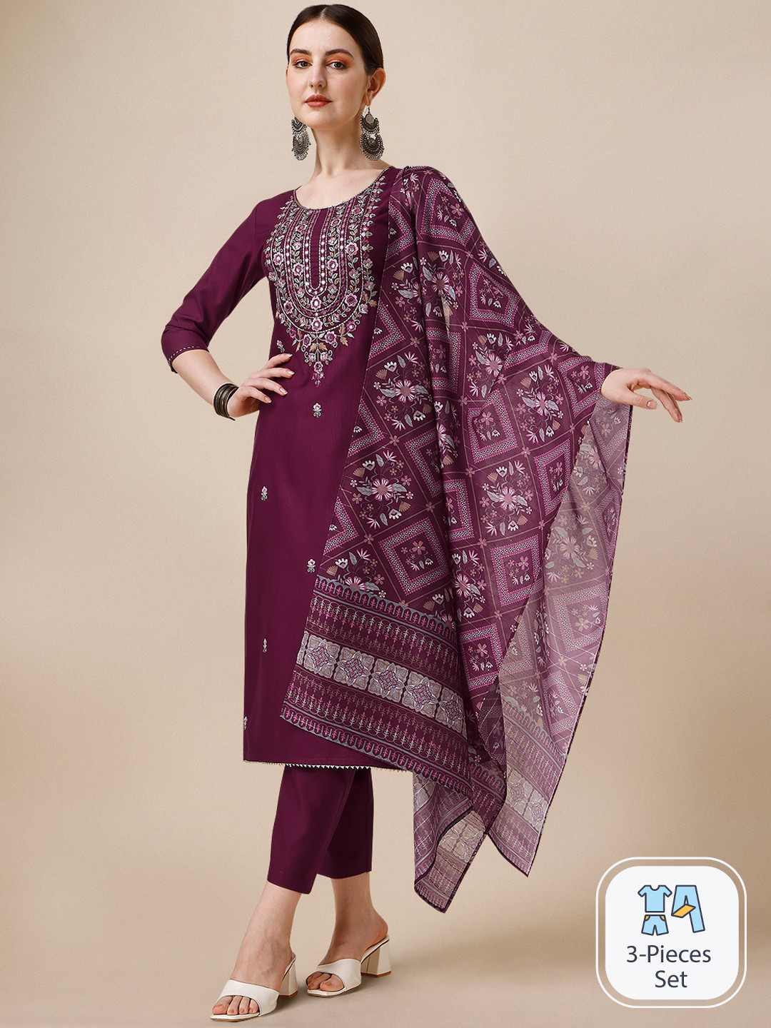 

KALINI Floral Embroidered Regular Kurta & Trousers With Dupatta, Purple