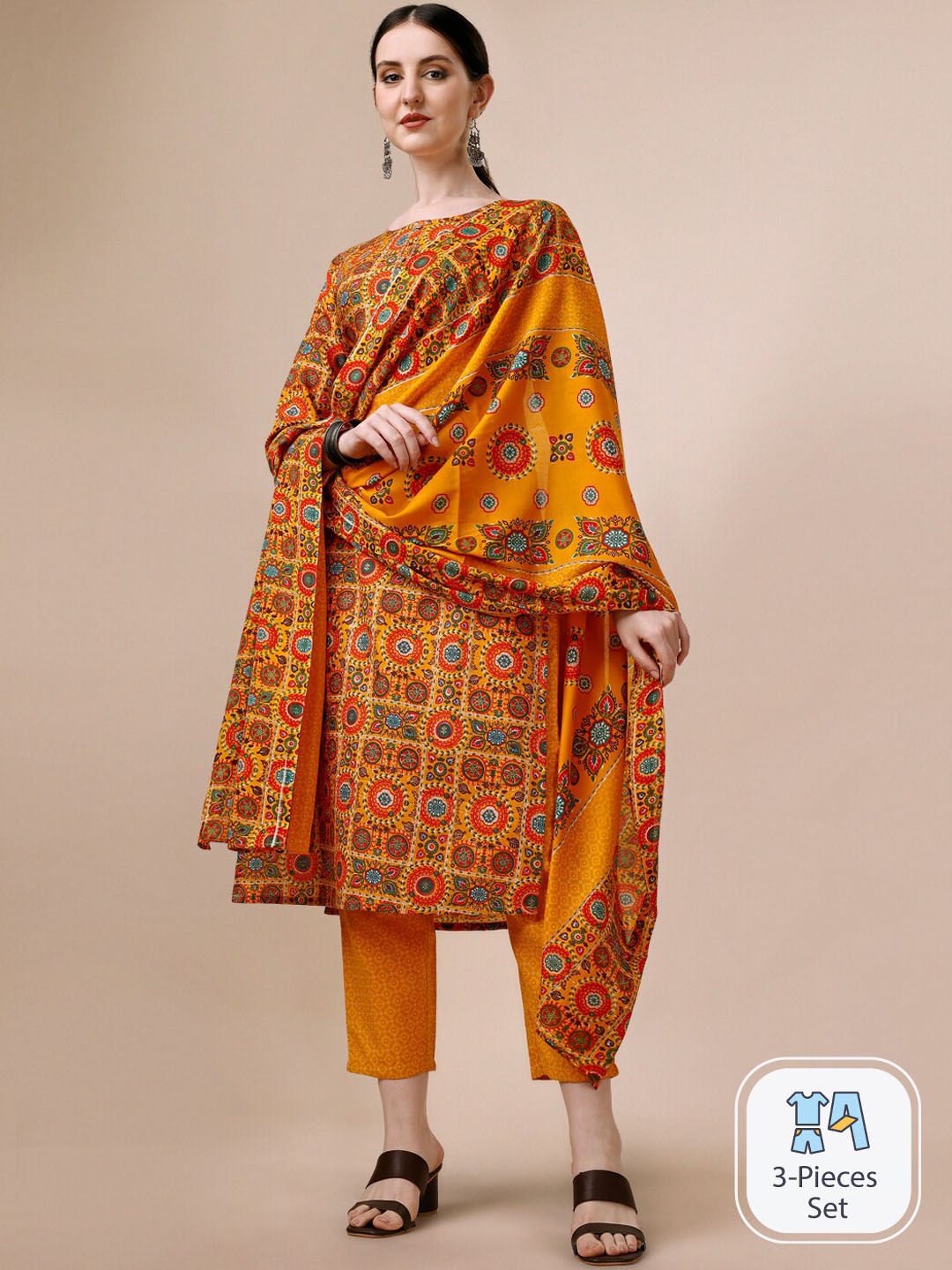 

KALINI Ethnic Motifs Printed Beads and Stones Pure Cotton Kurta & Trousers With Dupatta, Yellow