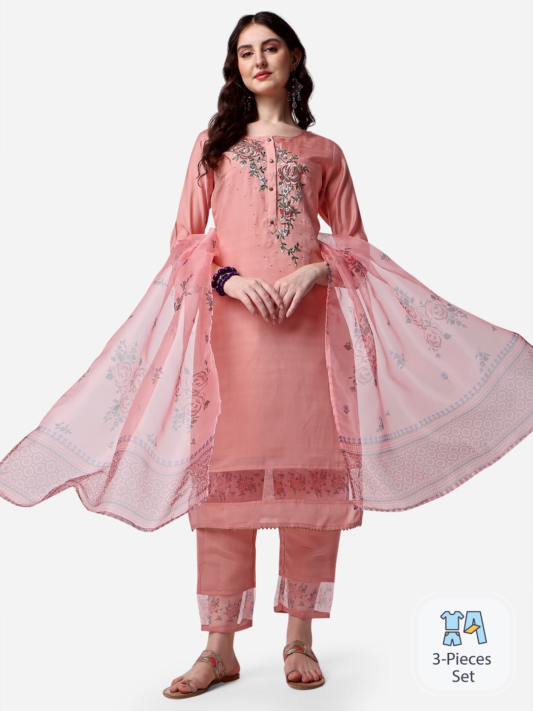 

KALINI Floral Yoke Design Thread Work Kurta & Trousers With Dupatta, Pink