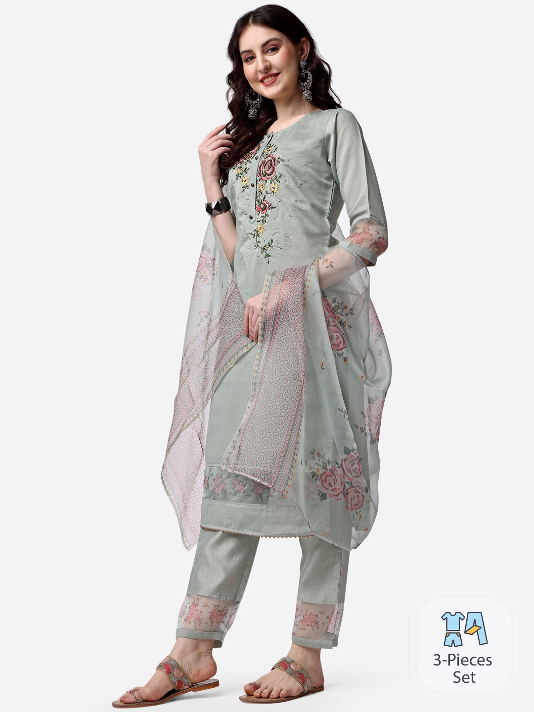 

KALINI Floral Yoke Design Beads and Stones Kurta & Trousers With Dupatta, Green