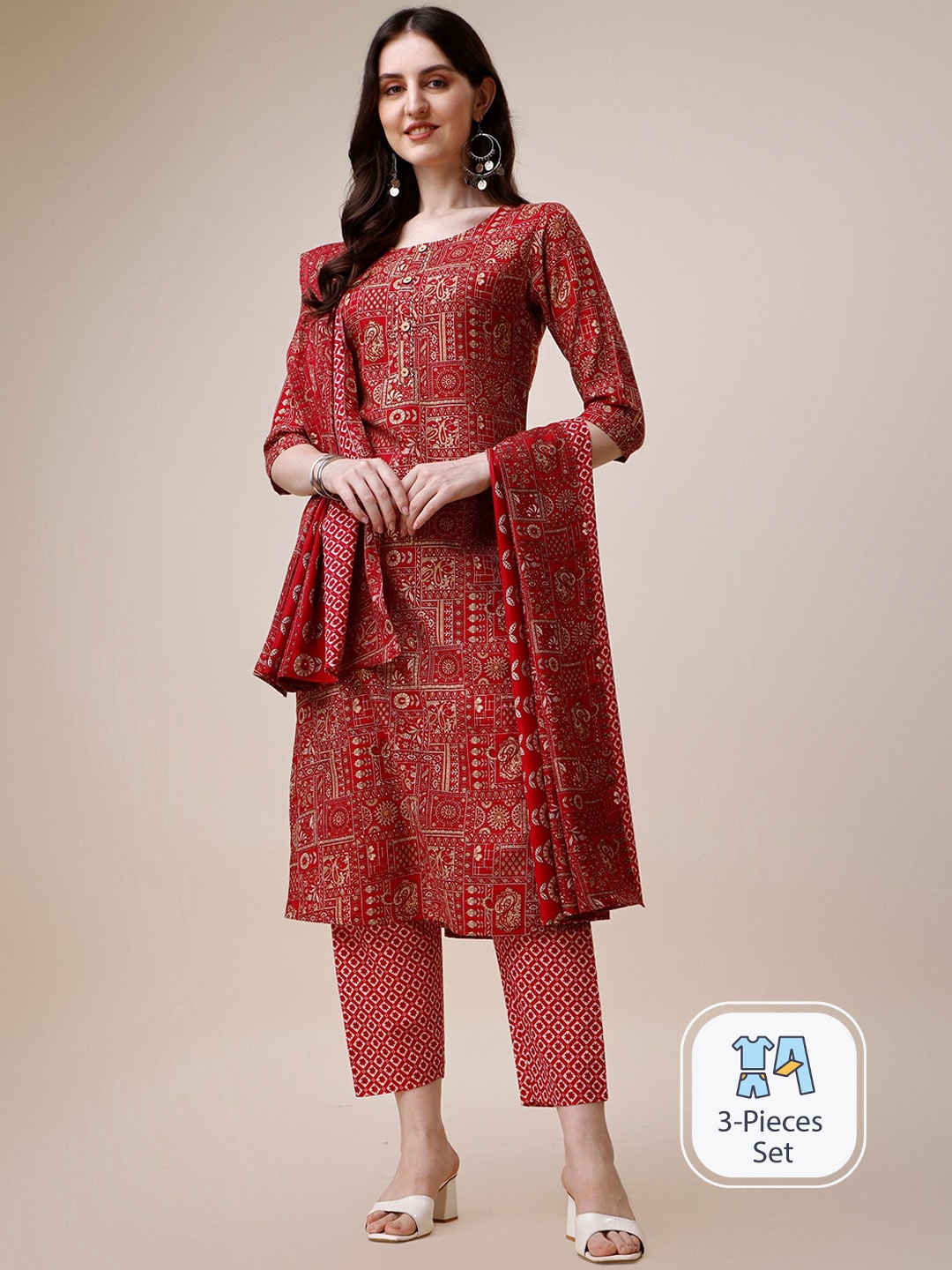 

KALINI Ethnic Motifs Printed Kurta & Trousers With Dupatta, Red
