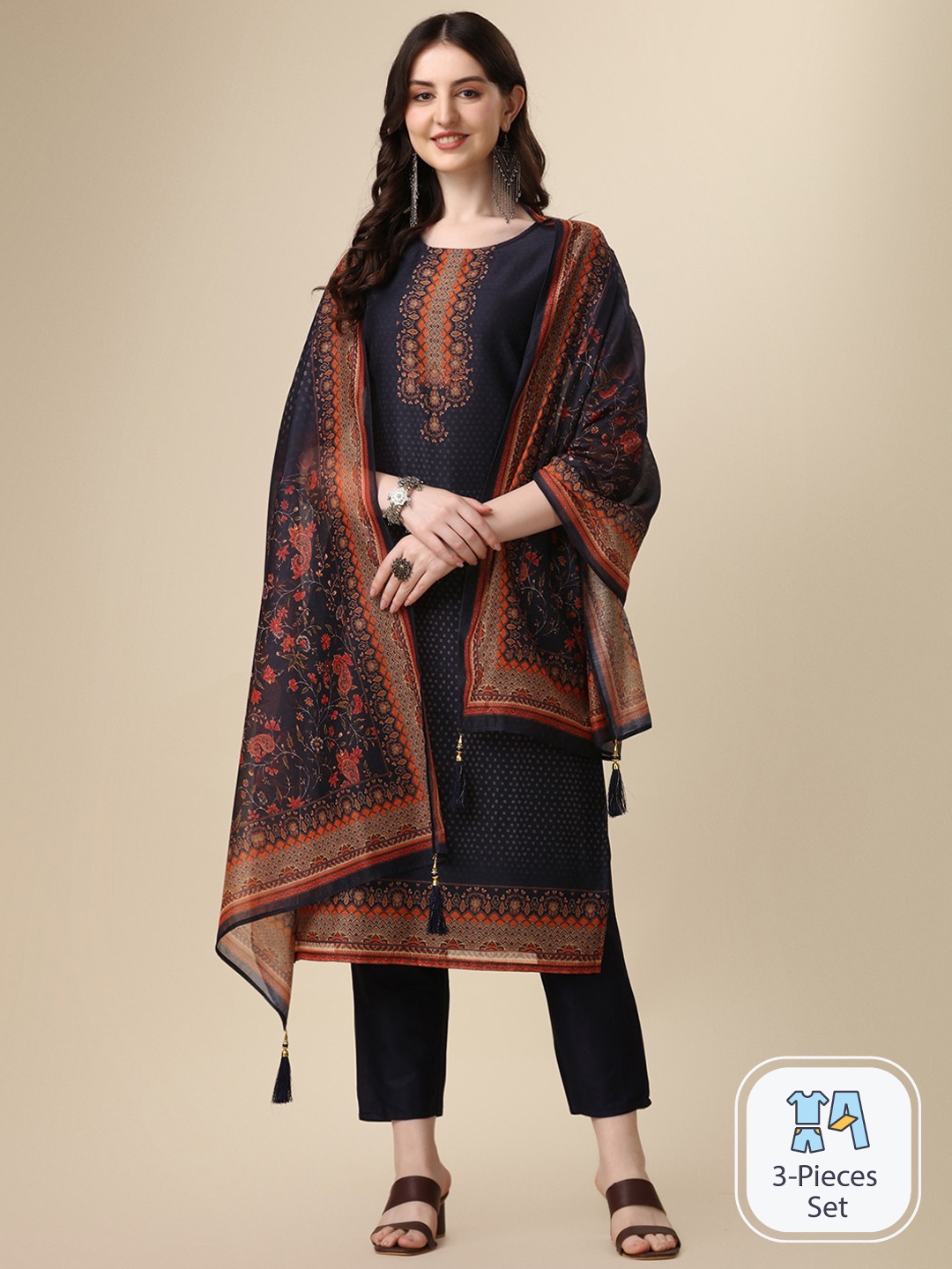 

KALINI Ethnic Motifs Printed Straight Kurta & Trousers With Dupatta, Navy blue
