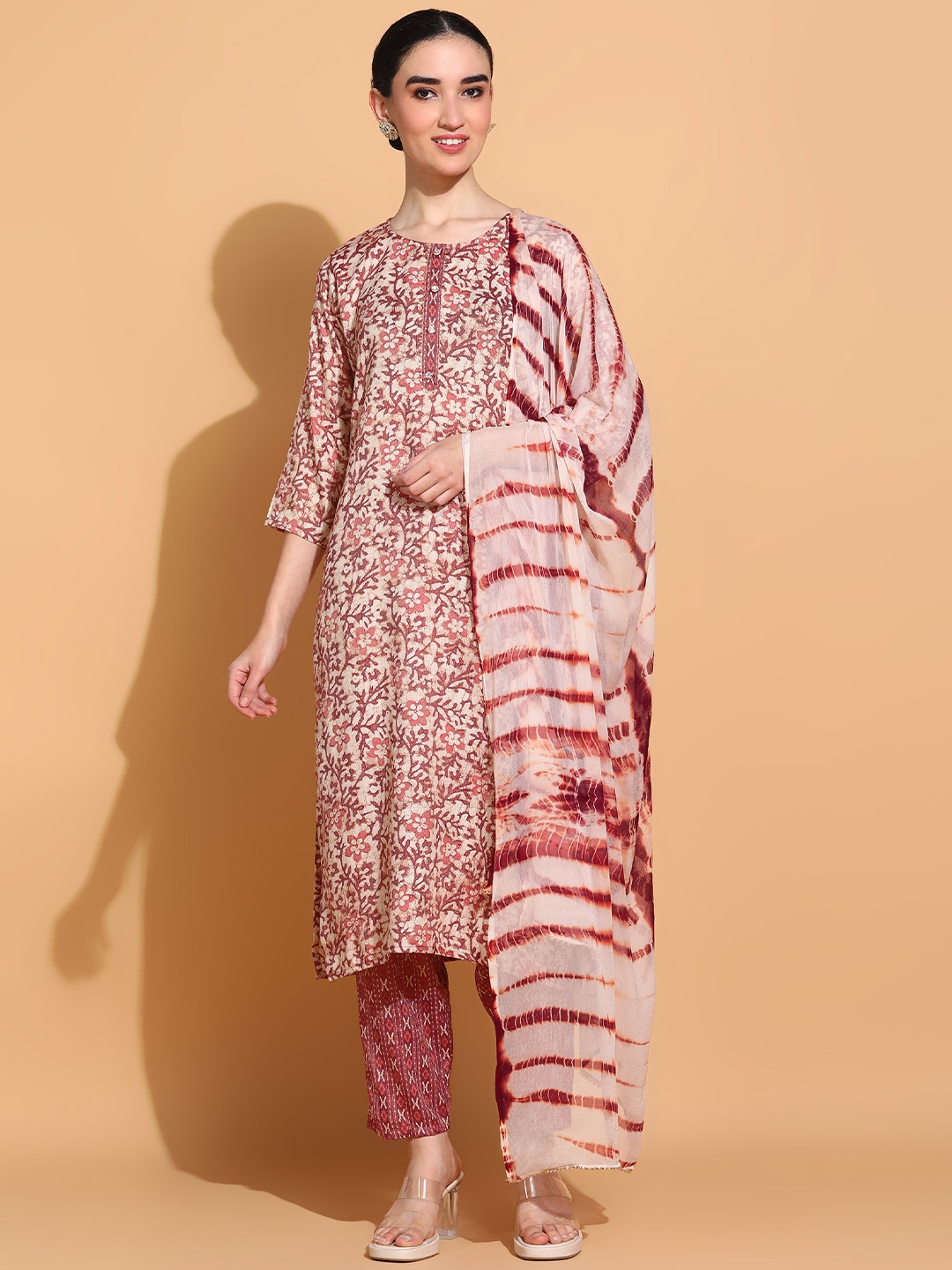 

KALINI Floral Printed Gotta Patti Detail Straight Kurta & Trousers With Dupatta, Rust