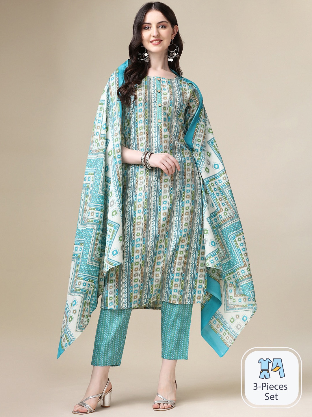 

KALINI Women Blue Ethnic Motifs Printed Regular Kurta with Trousers & Dupatta