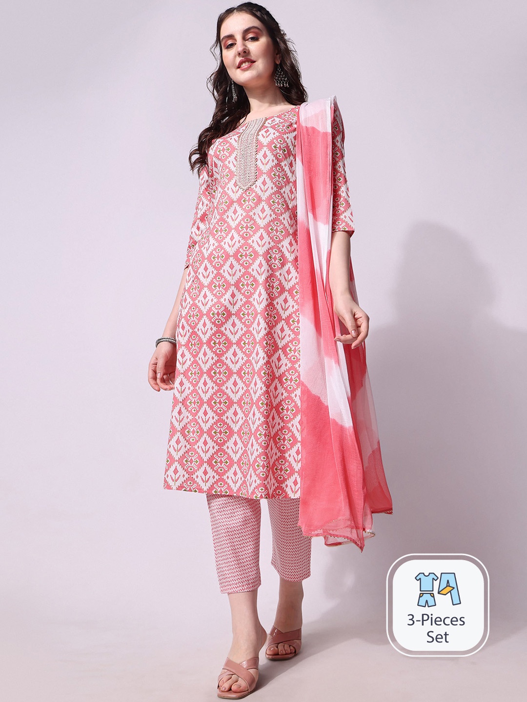 

KALINI Ethnic Motifs Printed Regular Kurta with Trousers & Dupatta, Pink