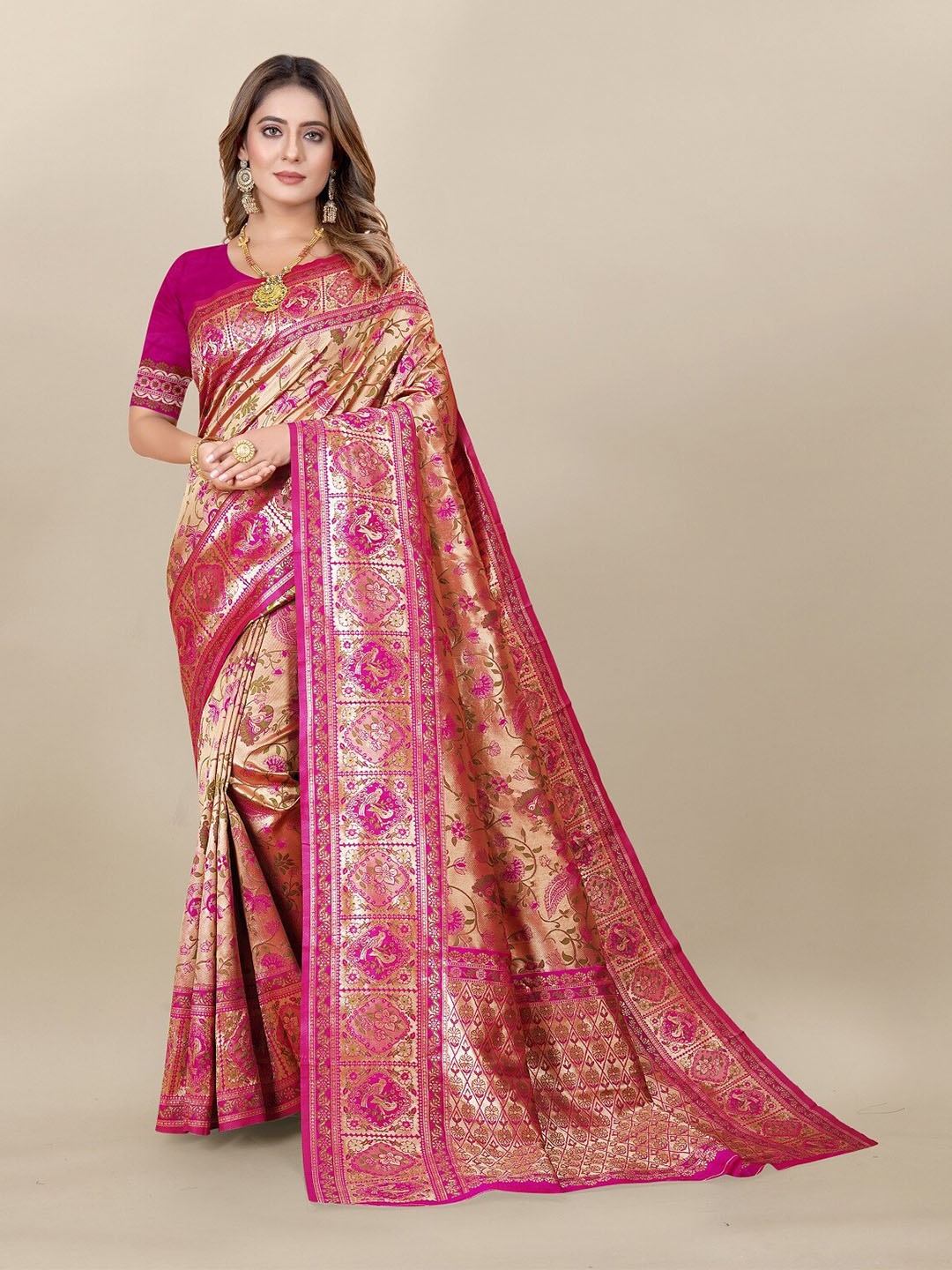 

Hinayat Fashion Ethnic Motifs Woven Design Zari Banarasi Saree, Pink