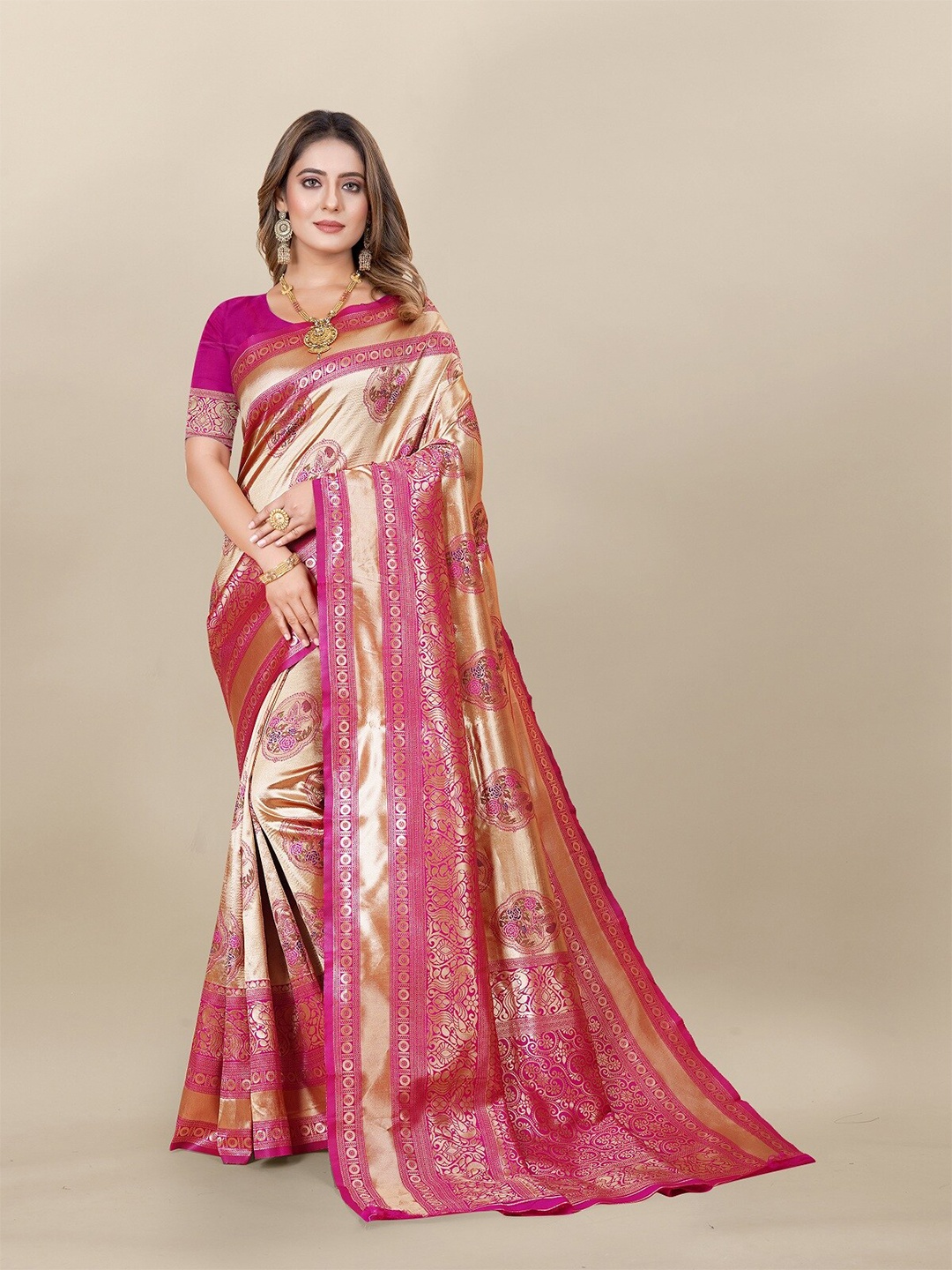 

Hinayat Fashion Ethnic Motifs Woven Design Zari Banarasi Saree, Pink