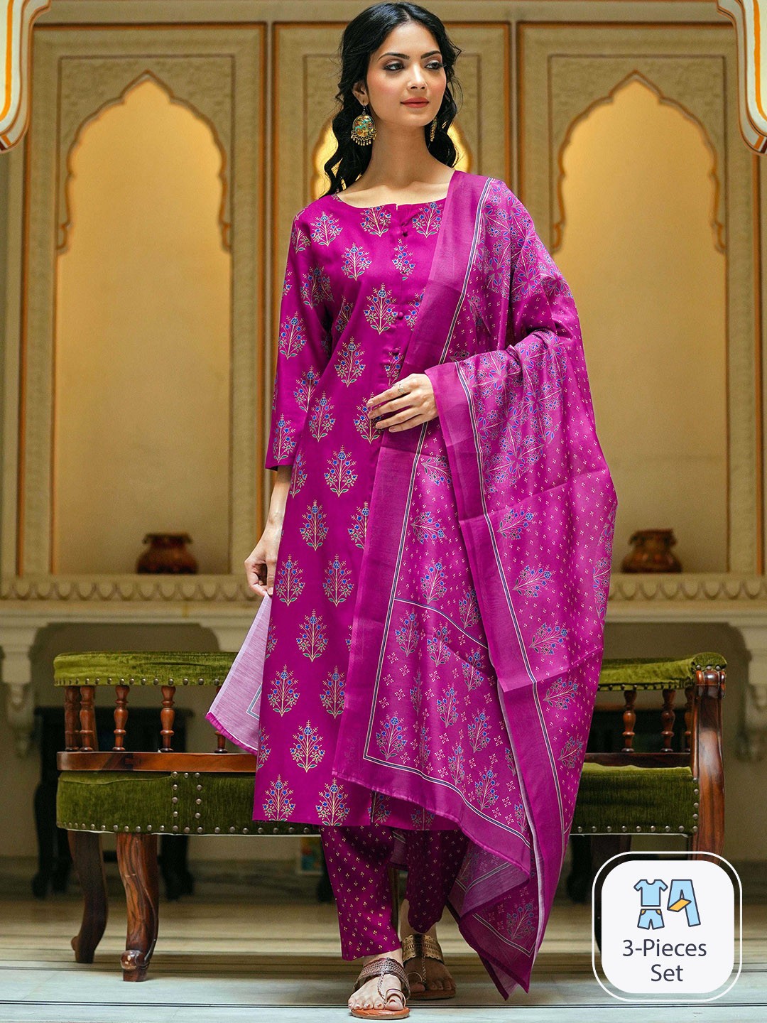 

Arayna Floral Printed Straight Kurta With Palazzos & Dupatta, Maroon
