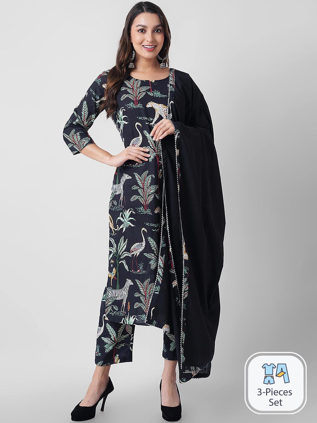 

Arayna Floral Printed Regular Pure Cotton Kurta with Trousers & With Dupatta, Black