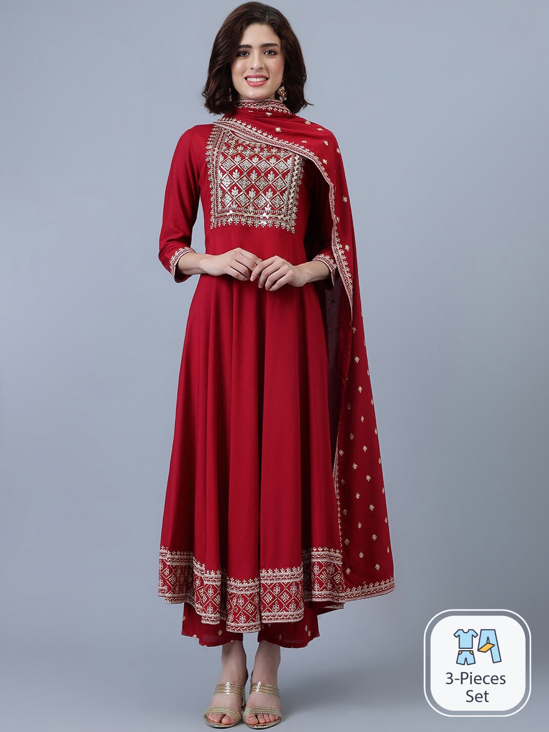 

Khushal K Ethnic Motifs Embroidered Thread Work Anarkali Kurta With Trousers & Dupatta, Red