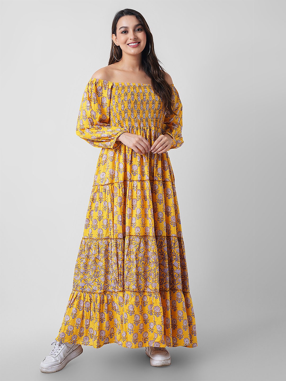 

Arayna Floral Printed Off-Shoulder Puff Sleeve Smocked Pure Cotton Tiered Maxi Dress, Yellow