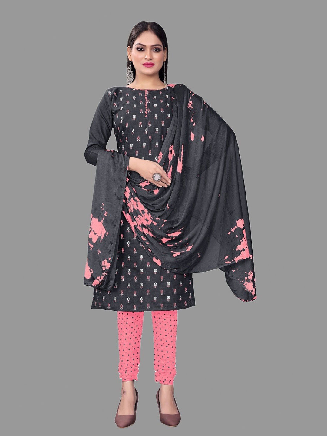 

APNISHA Floral Printed Unstitched Dress Material, Black