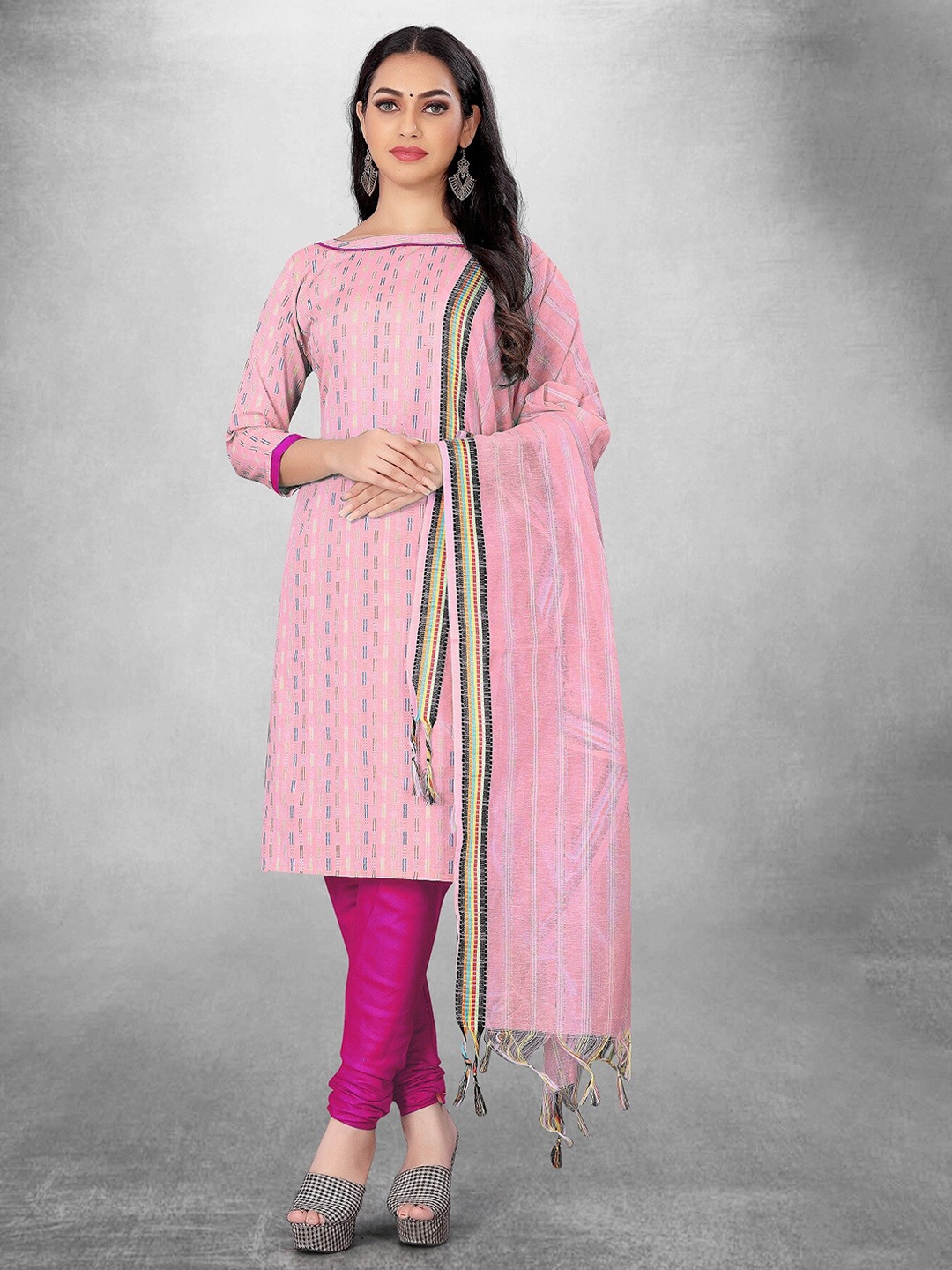 

APNISHA Striped Woven Design Unstitched Dress Material, Pink