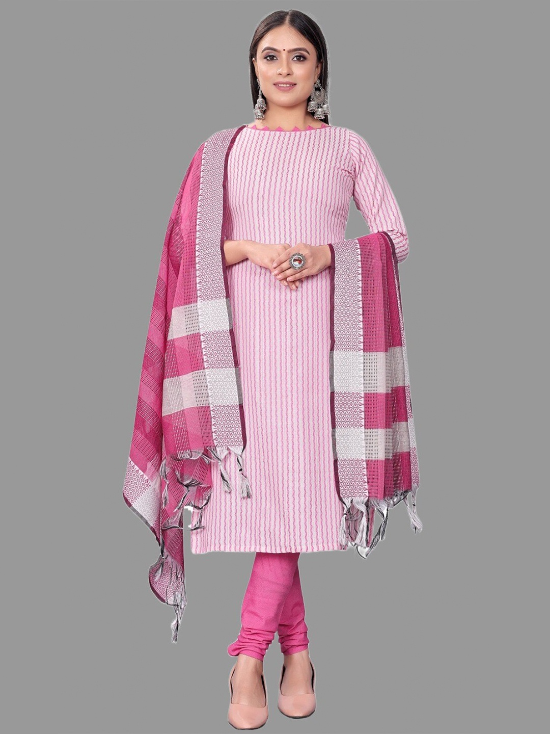 

APNISHA Striped Unstitched Dress Material, Pink