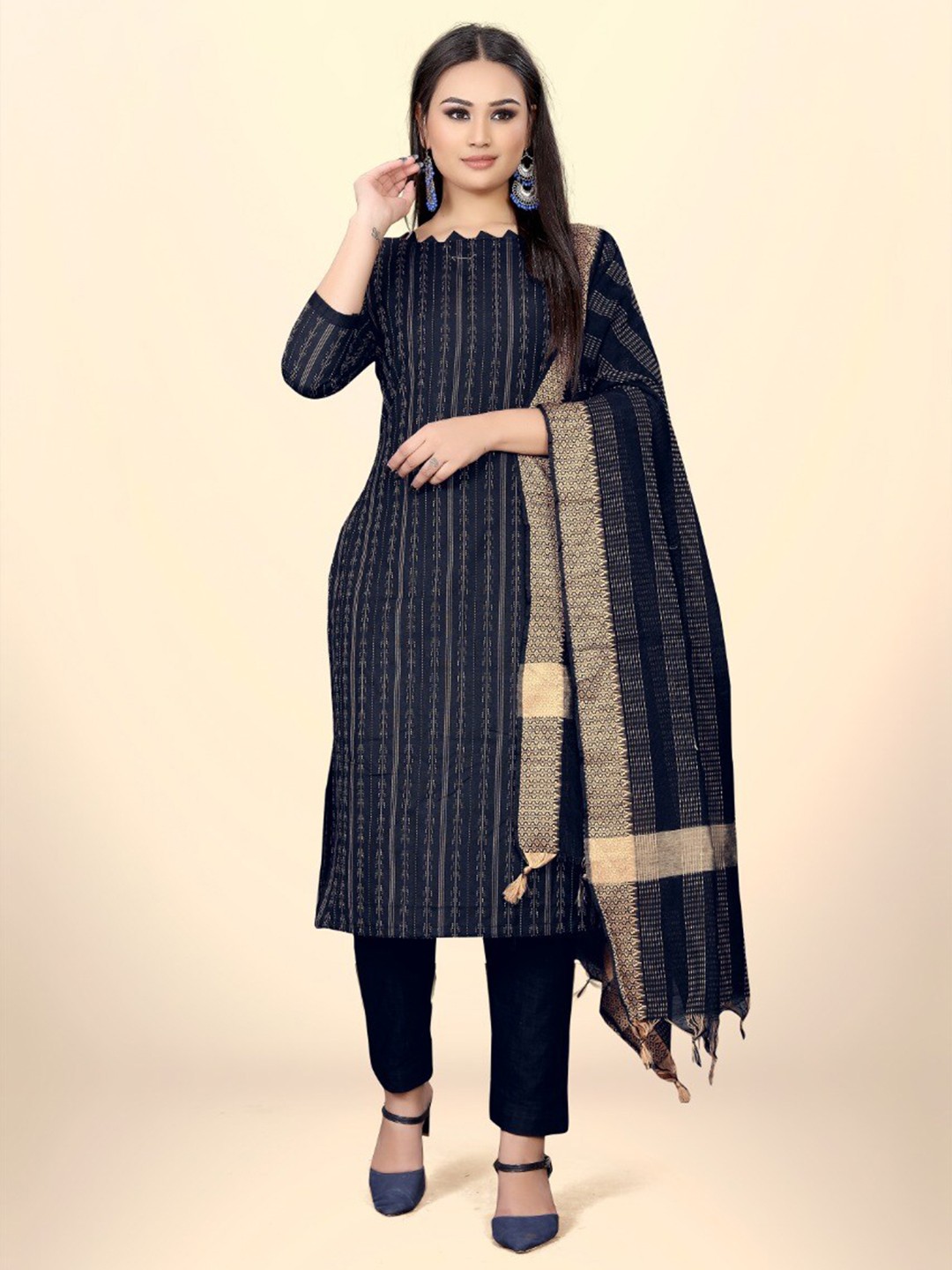 

APNISHA Embroidered Unstitched Dress Material, Navy blue