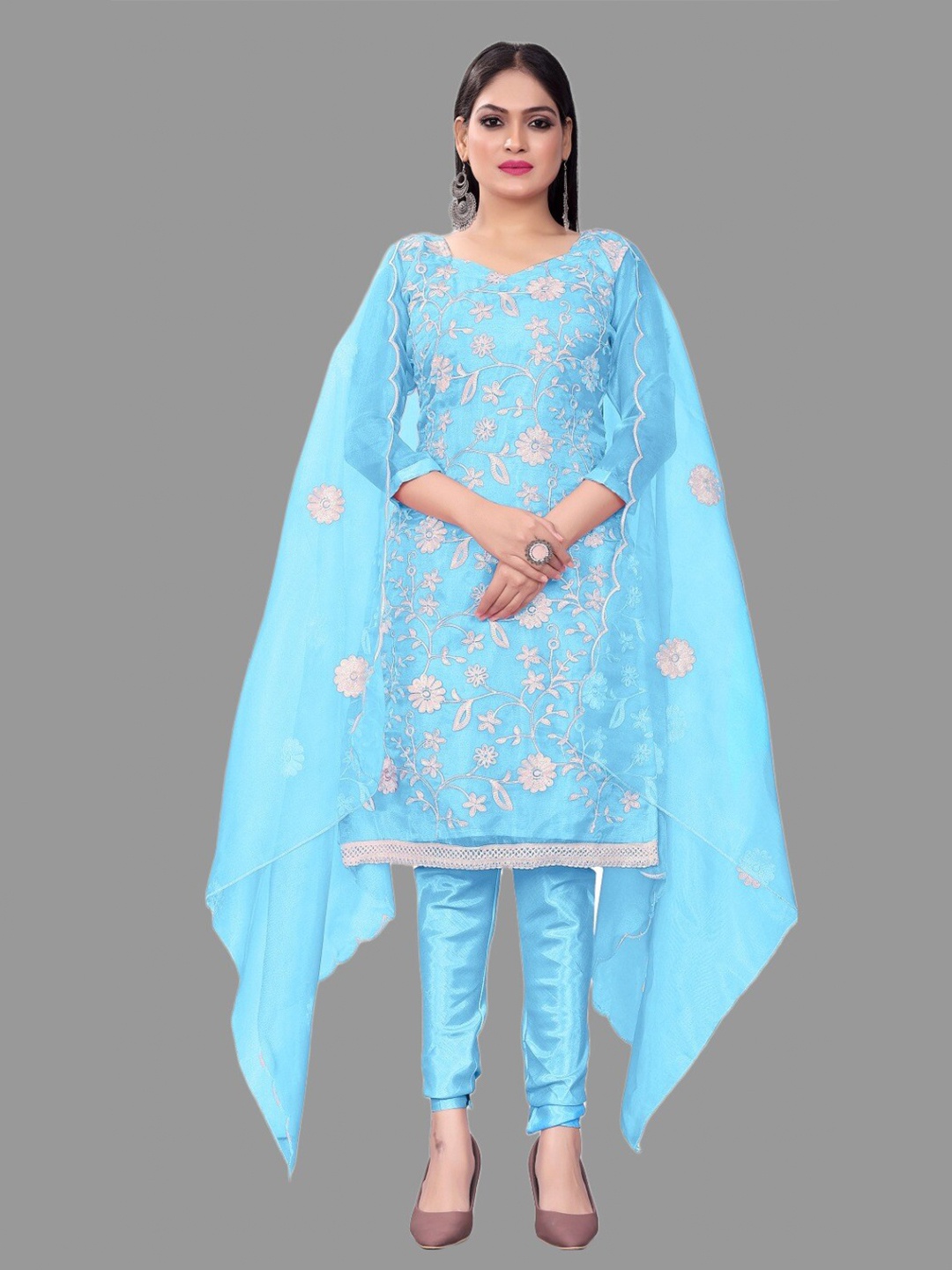 

APNISHA Floral Embroidered Organza Unstitched Dress Material, Turquoise blue