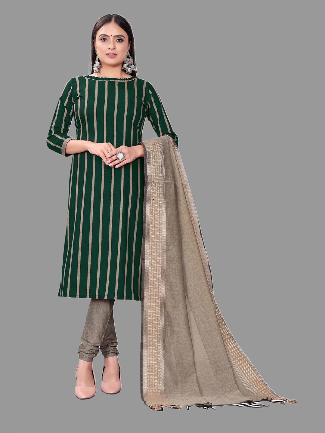 

APNISHA Striped Unstitched Dress Material, Green