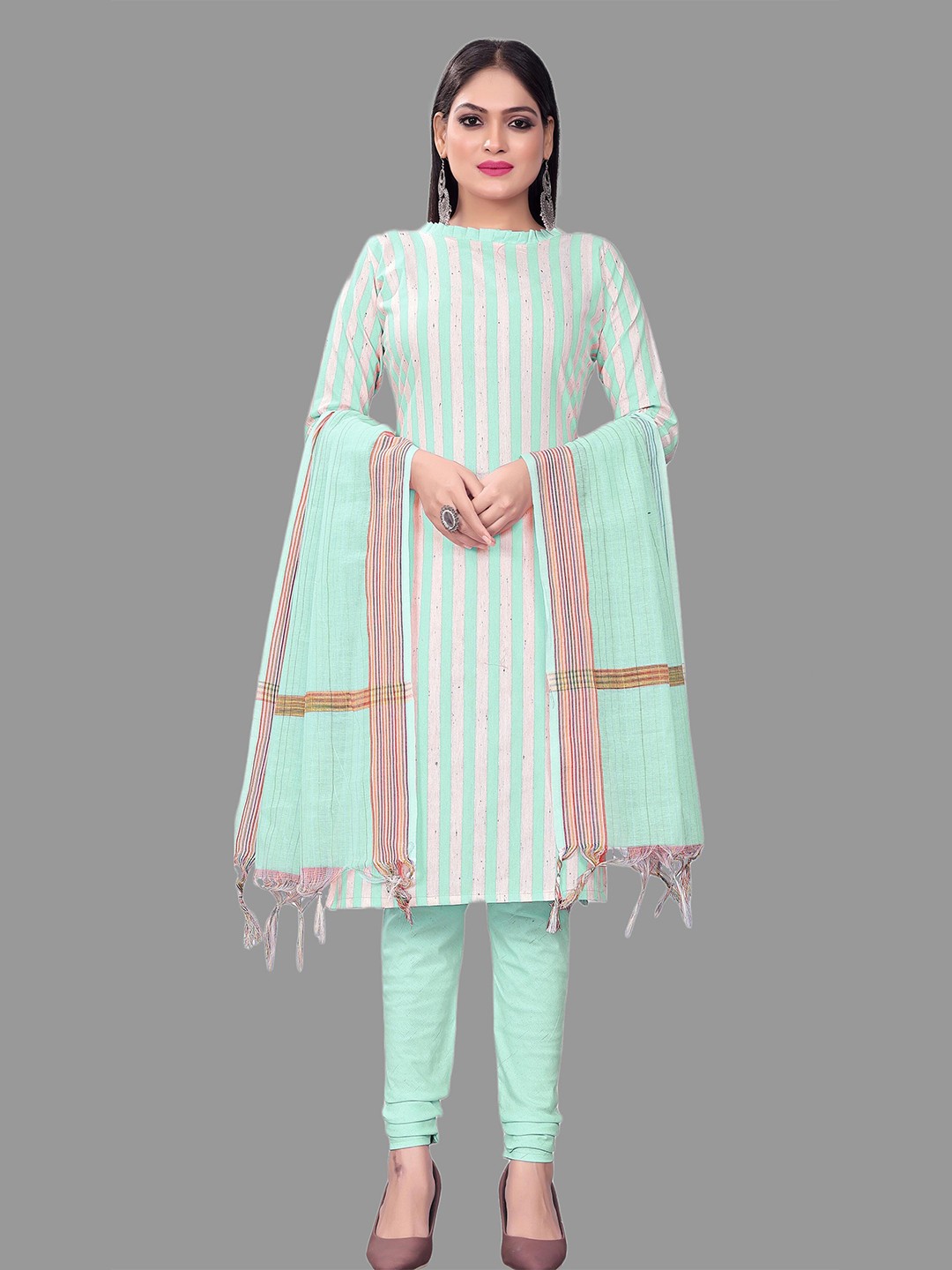 

APNISHA Striped Unstitched Dress Material, Lime green