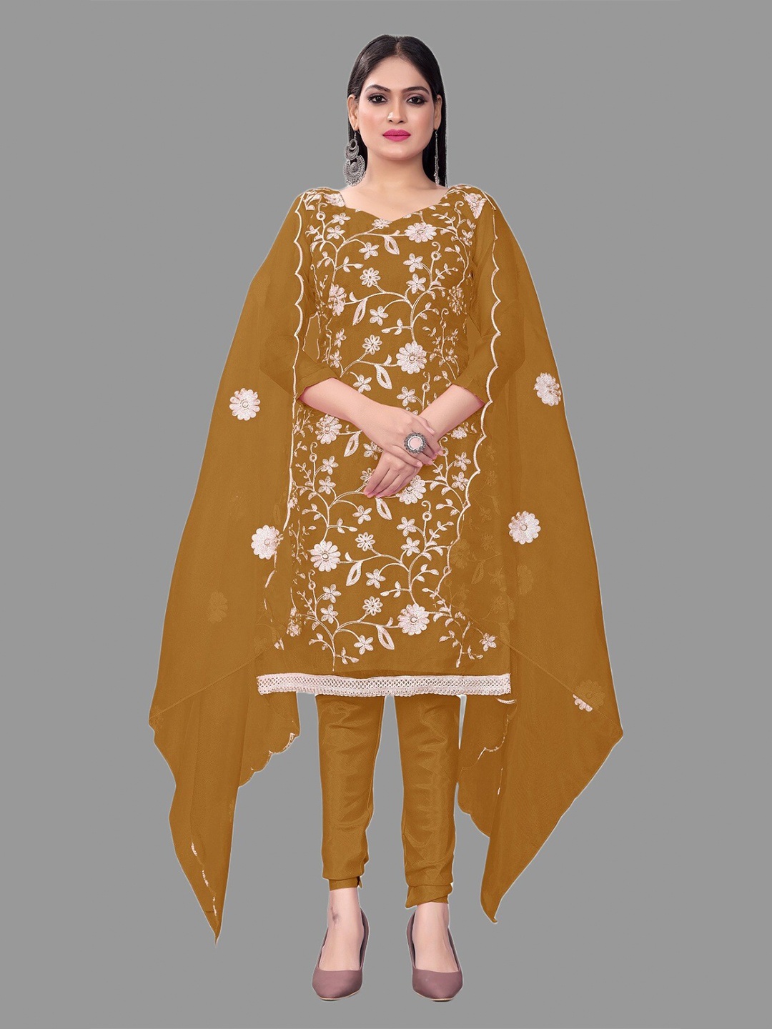 

APNISHA Ethnic Motifs Embroidered Organza Silk Unstitched Dress Material, Mustard