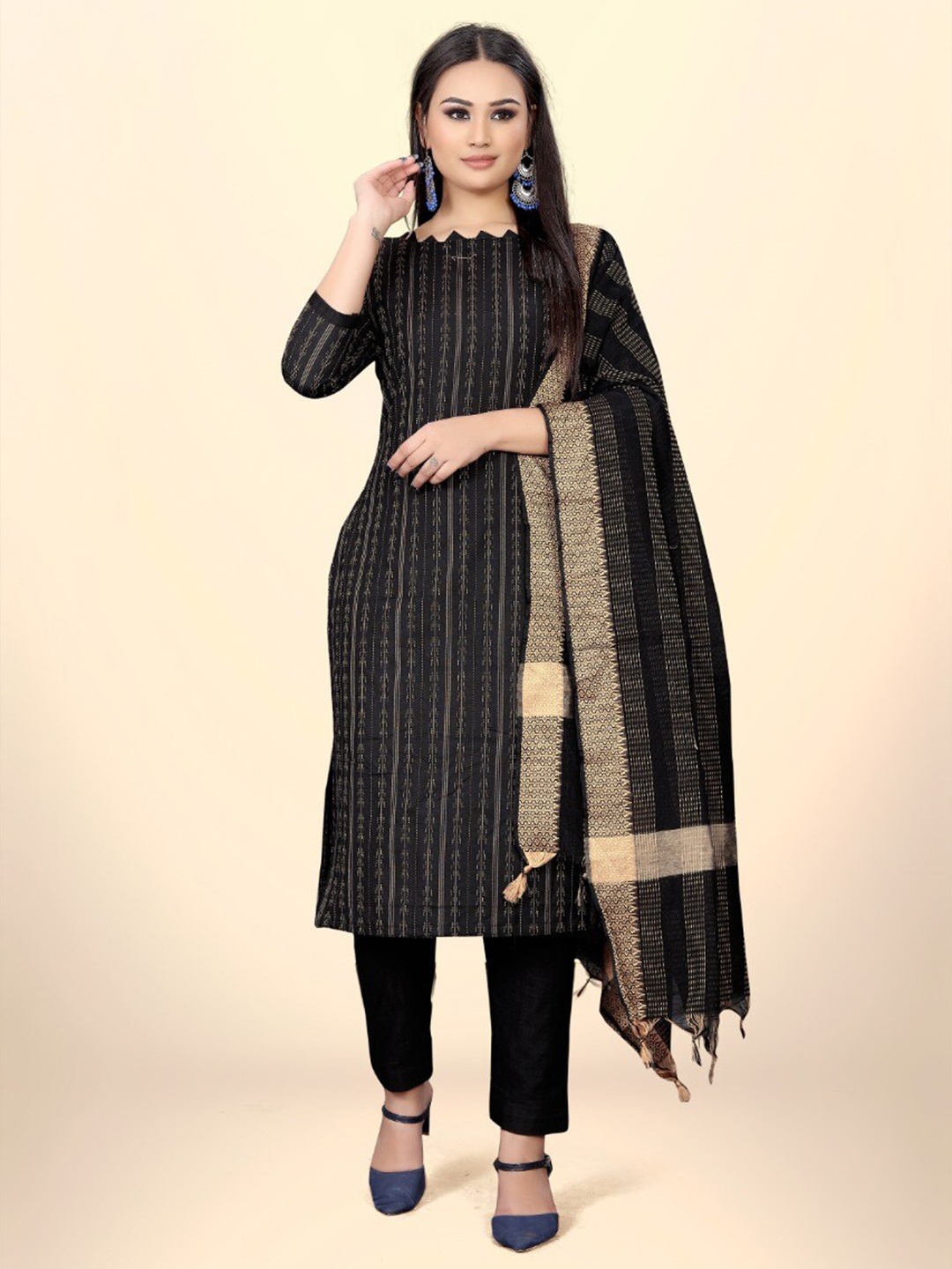 

APNISHA Ethnic Motifs Embroidered Unstitched Dress Material, Black