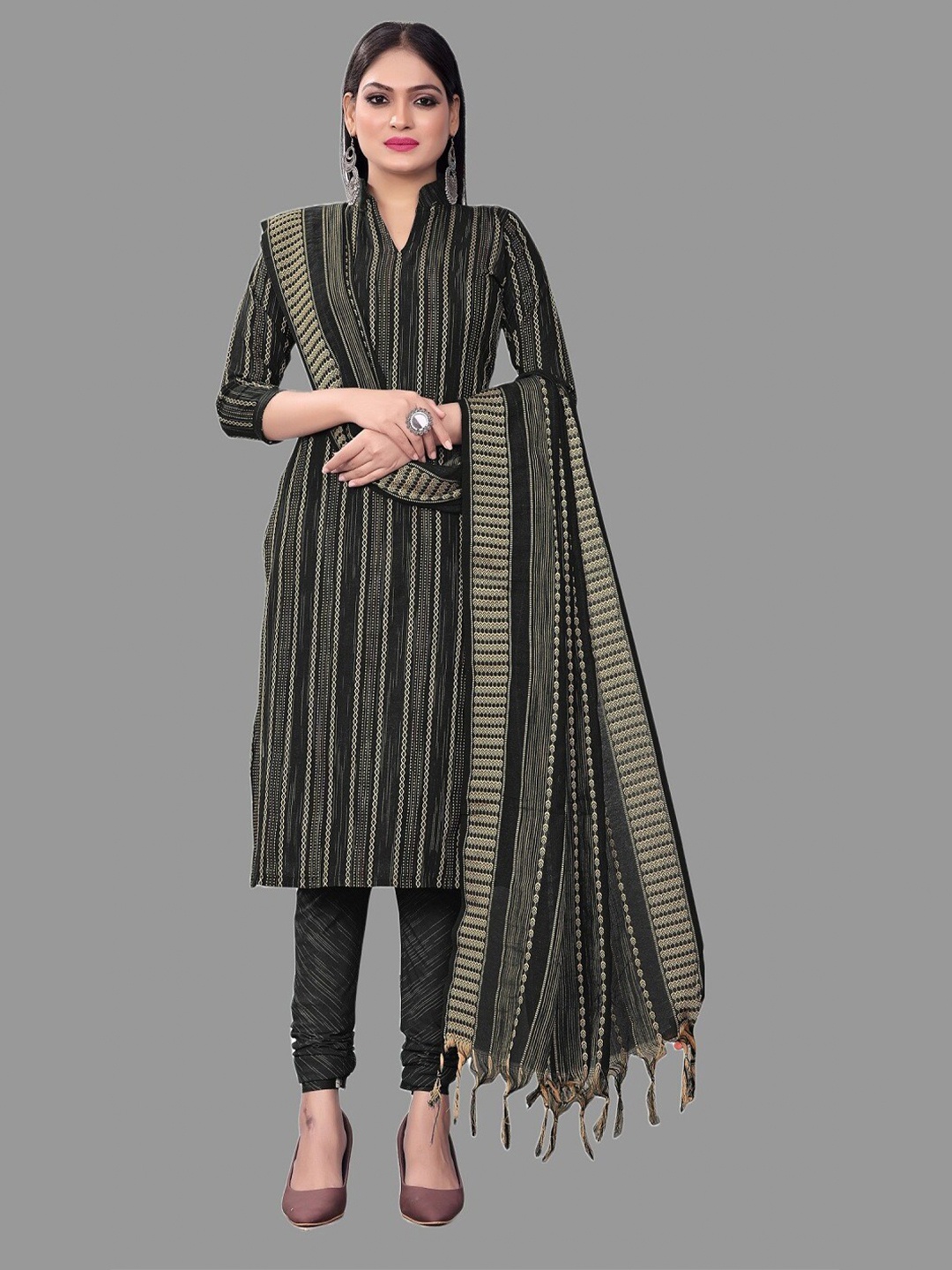 

APNISHA Striped Unstitched Dress Material, Black