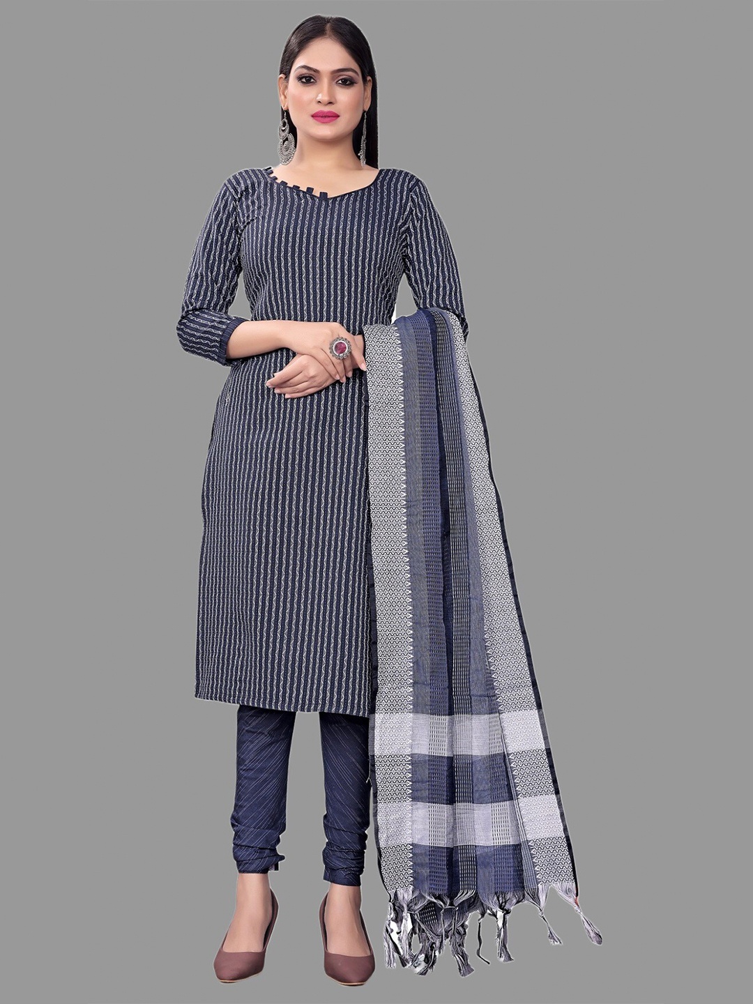 

APNISHA Striped Unstitched Dress Material, Navy blue