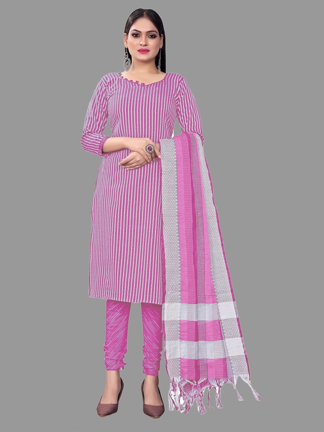 

APNISHA Striped Unstitched Dress Material, Pink