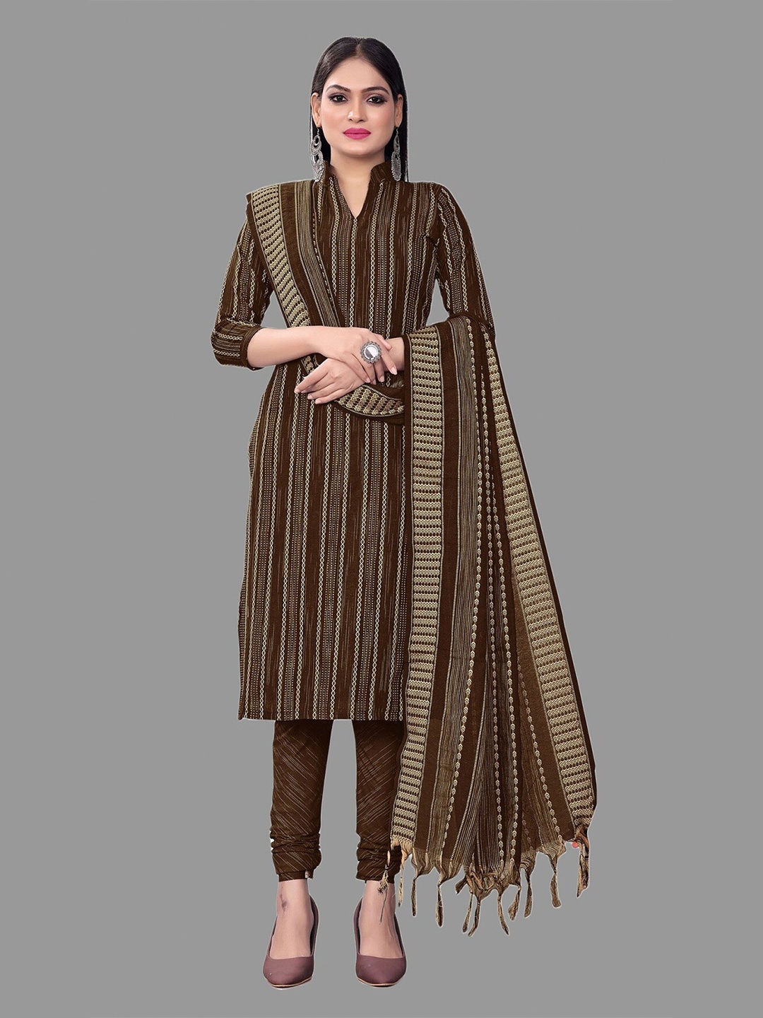 

APNISHA Vertical Striped Unstitched Dress Material, Coffee brown