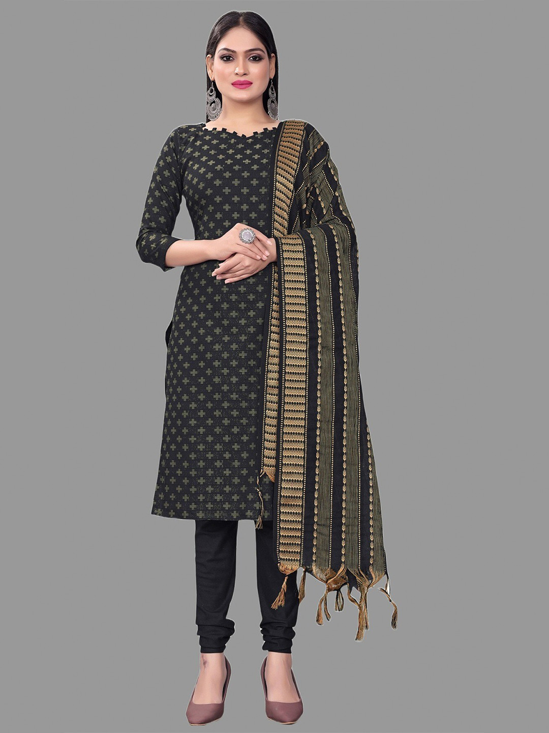 

APNISHA Geometric Printed Unstitched Dress Material, Black
