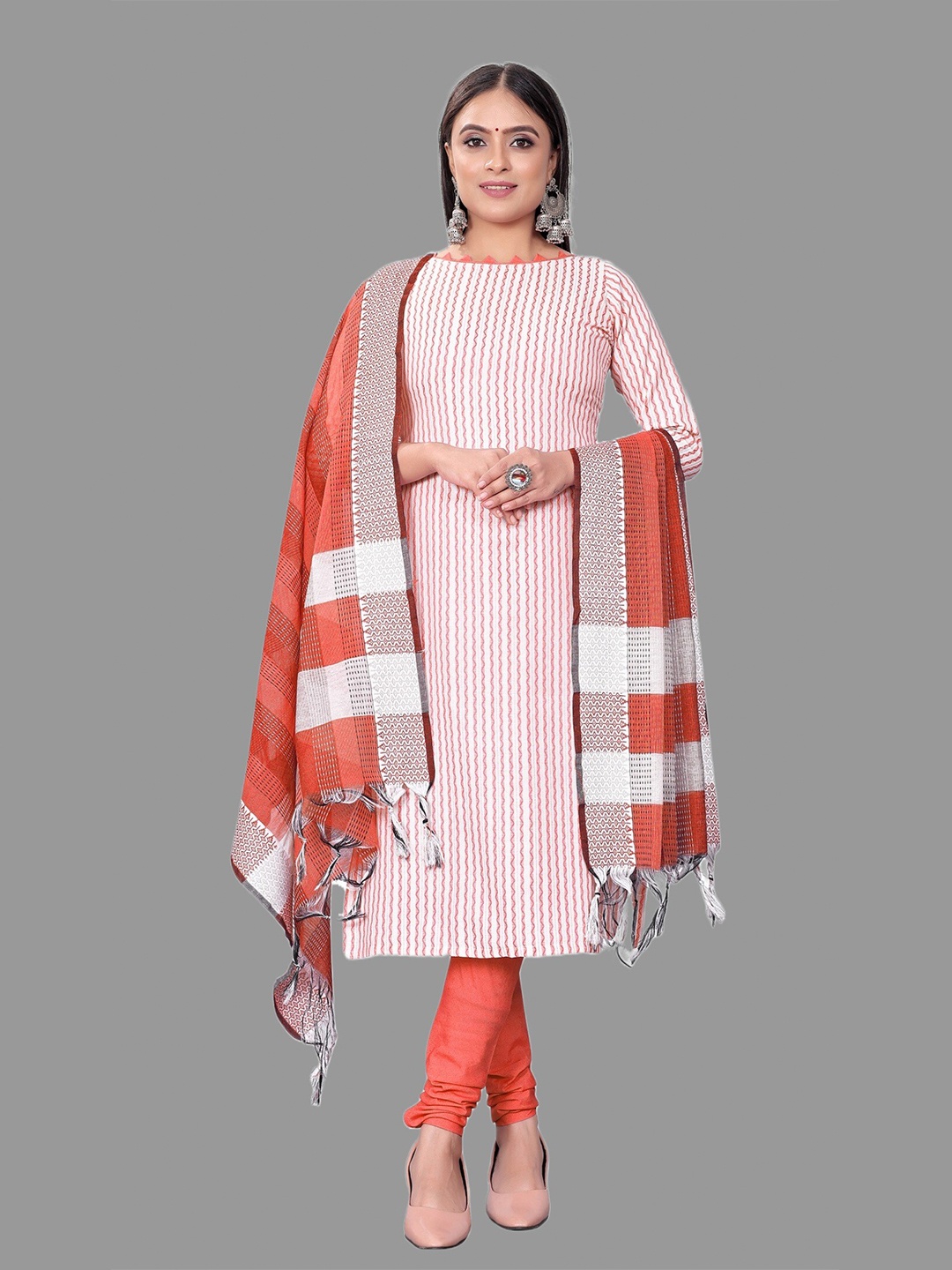 

APNISHA Striped Unstitched Dress Material, Orange