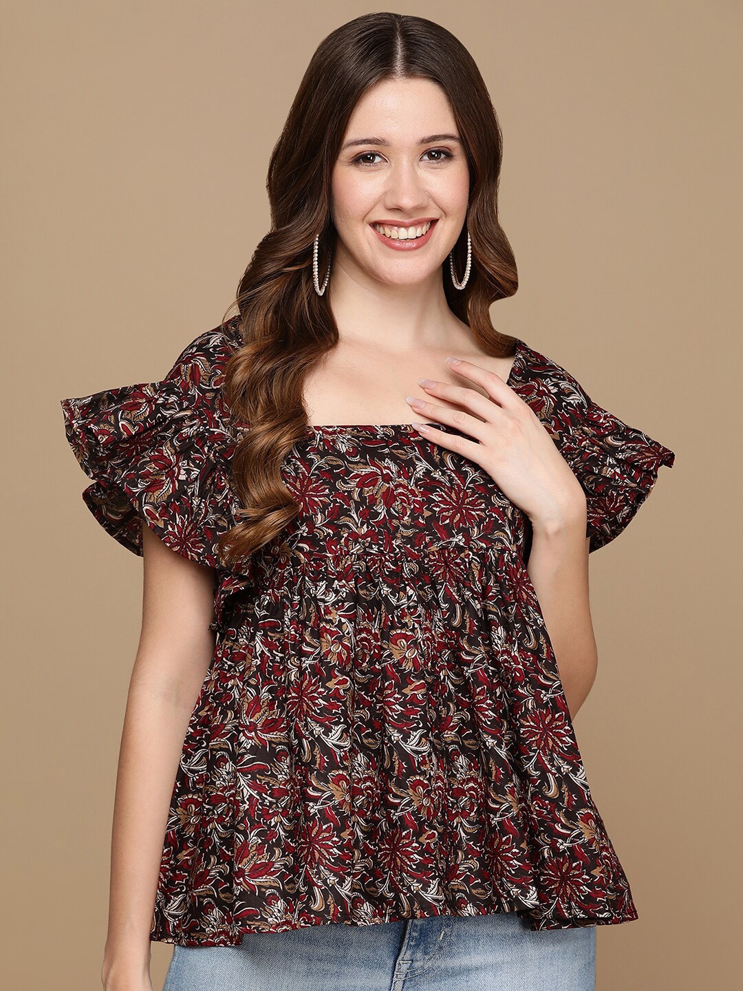 

Senyora Floral Printed Square Neck Flared Sleeve Tiered Regular Cotton Top, Black