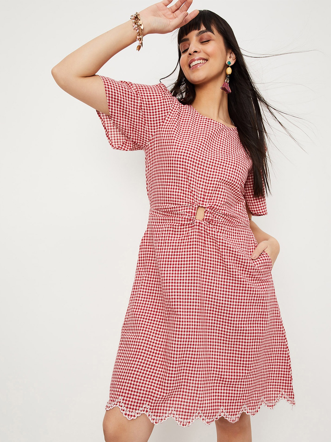

max Checked Puff Sleeve Cut Out Pure Cotton A-Line Dress, Red