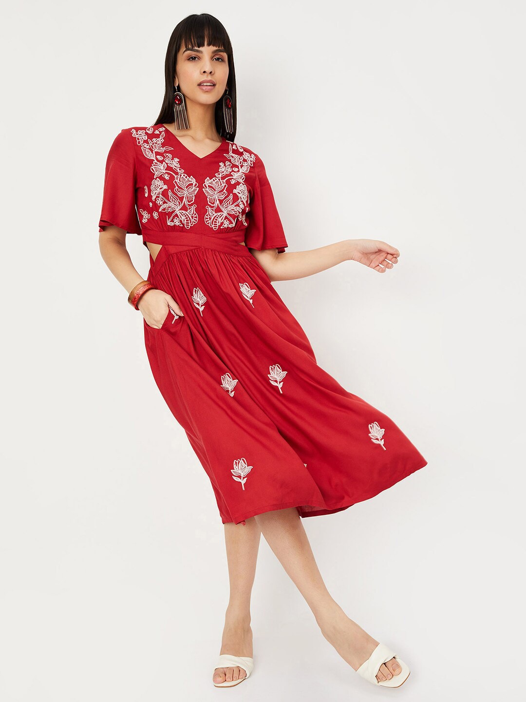 

max Floral Embroidered Fit & Flare Midi Dress, Red
