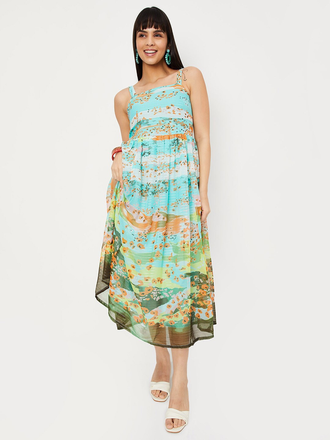 

max Abstract Printed A-Line Midi Dress, Blue